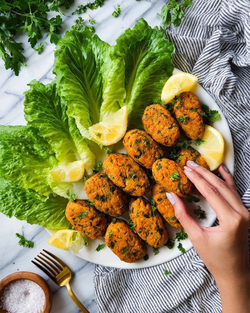 A white plate is filled with two layers of orange, oval-shaped patties mixed with green herbs, arranged closely together in the center. Behind the patties, there are four large, fresh green lettuce leaves standing upright, slightly spread out. Scattered among the patties are small wedges of bright yellow lemon and sprigs of green parsley. A woman's hand is reaching to pick up one of the patties from the right side of the plate. The plate sits on a white marbled surface with a gray and white striped cloth beneath it, and fresh parsley bunches are placed nearby, along with a small wooden bowl of salt and a fork with a golden handle. Photo taken with an iphone --ar 4:5 --v 7