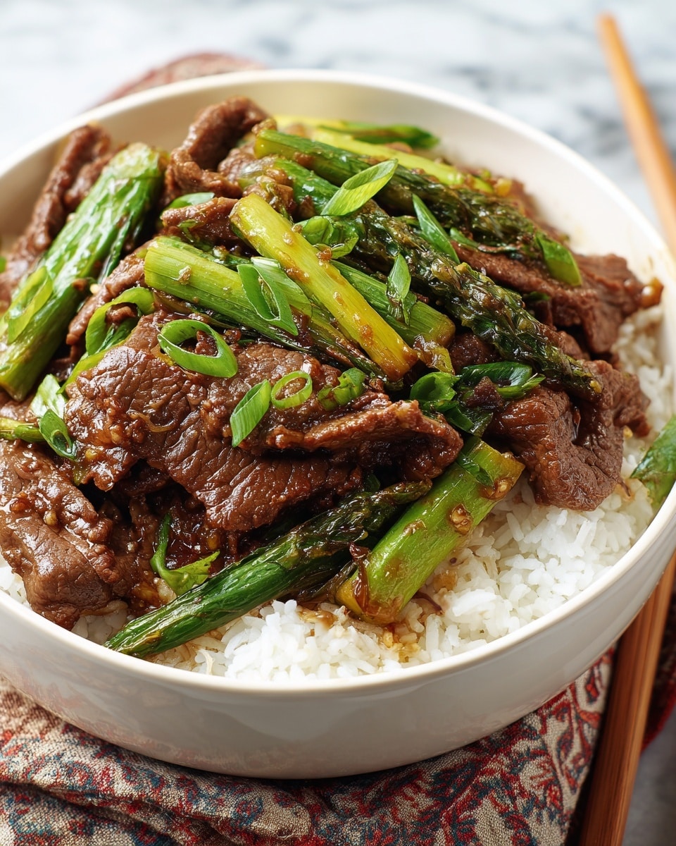 A white bowl filled with three visible layers is shown: the bottom layer is white steamed rice with a fluffy texture, the middle layer is a mix of stir-fried beef slices that look tender and brown with a glossy sauce, and green cooked scallions with some white parts that appear slightly charred, all topped with chopped fresh green scallions for garnish. The dish sits on a white marbled surface near wooden chopsticks and a patterned cloth underneath the bowl. photo taken with an iphone --ar 4:5 --v 7
