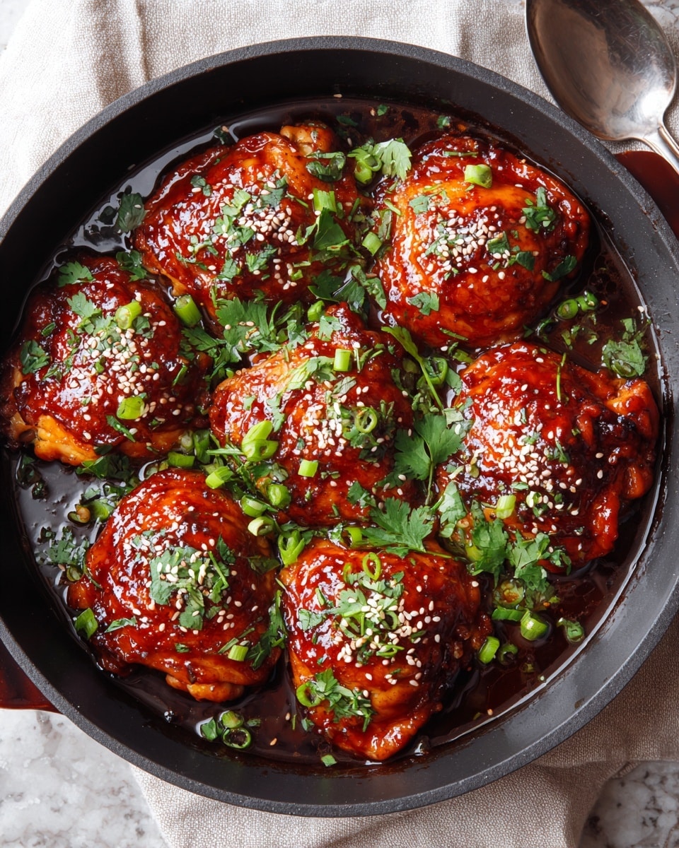 The image shows a black round pan filled with seven pieces of cooked chicken thighs covered in a thick, shiny dark red glaze. The chicken pieces have a slightly crispy texture and are garnished with green chopped scallions and cilantro leaves, along with a sprinkle of white sesame seeds on top. The pan is sitting on a light beige cloth over a white marbled surface, with a large silver spoon placed to the top right of the pan. The scene looks warm and inviting with rich colors and textures. photo taken with an iphone --ar 4:5 --v 7