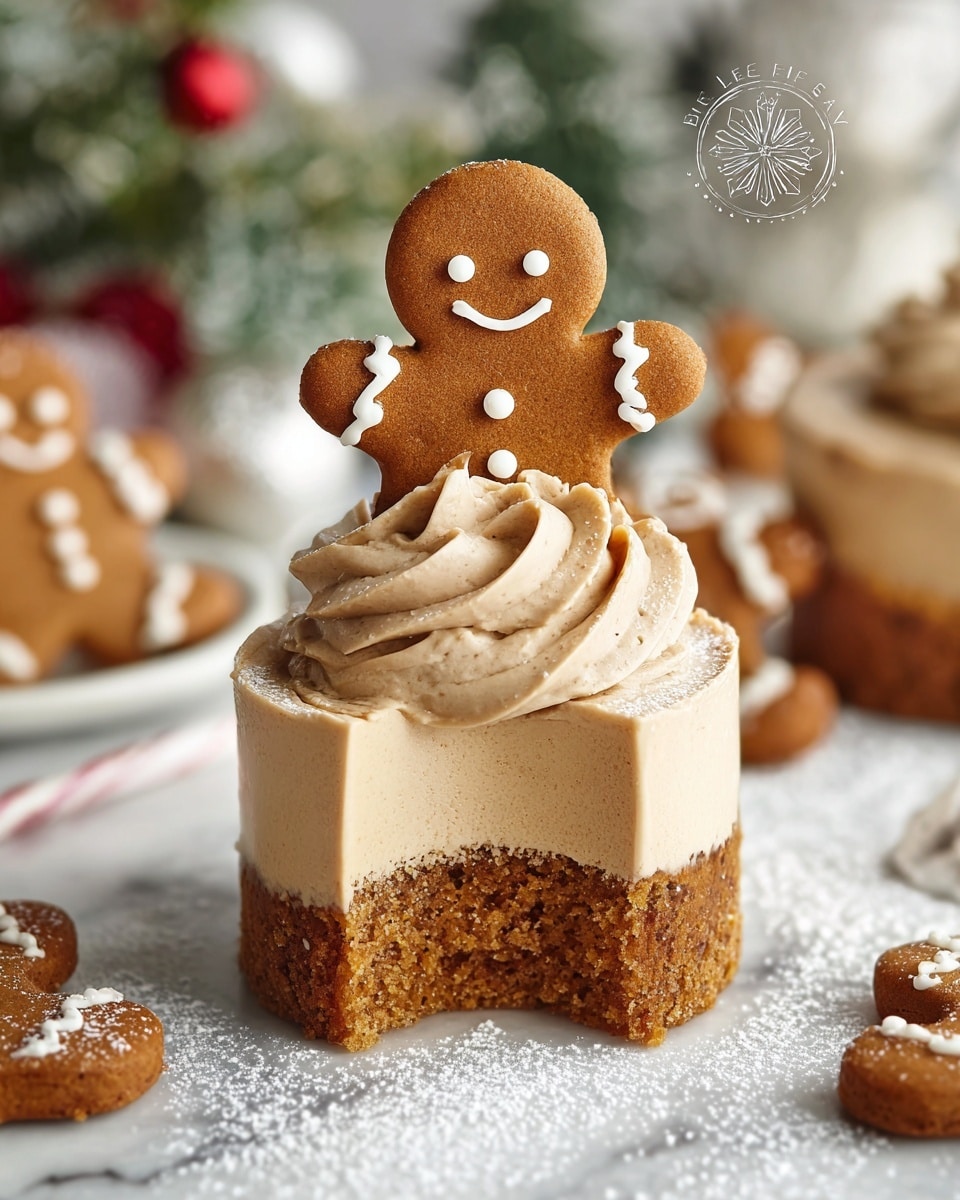 The image shows a small gingerbread man shaped dessert with three clear layers. The bottom layer is a crumbly, light brown gingerbread crust. The middle layer is a smooth, creamy, beige filling. The top layer is a thick swirl of light brown mousse or frosting. The gingerbread man’s head is a round gingerbread cookie with white icing eyes and a smiling mouth. Its arms are small gingerbread pieces attached on each side with white icing squiggles. The dessert sits on a white marbled surface dusted lightly with powdered sugar. In the background, there are blurred gingerbread cookies and festive decorations. photo taken with an iphone --ar 4:5 --v 7