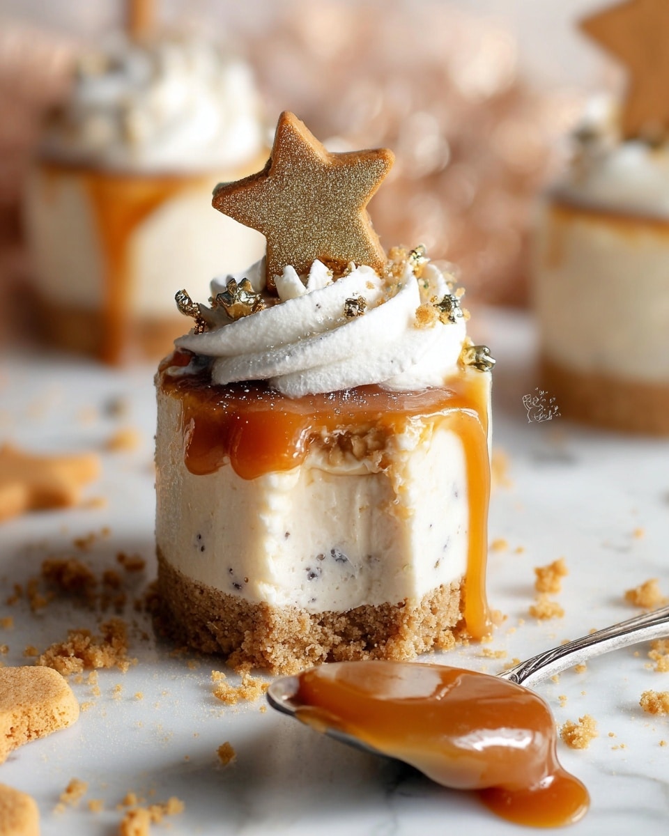 This dessert has three layers: the bottom layer is crumbly and light brown like crushed cookies, the middle layer is thick, creamy, and white with some tiny black specks, and the top layer is a light caramel sauce that drips down the sides. There is a dollop of white fluffy cream on top, decorated with a shiny, golden star-shaped cookie and tiny gold star sprinkles scattered around. In the foreground, a spoon holds a piece of the dessert with caramel sauce, all set on a white marbled surface with crumb scattered around. Photo taken with an iphone --ar 4:5 --v 7