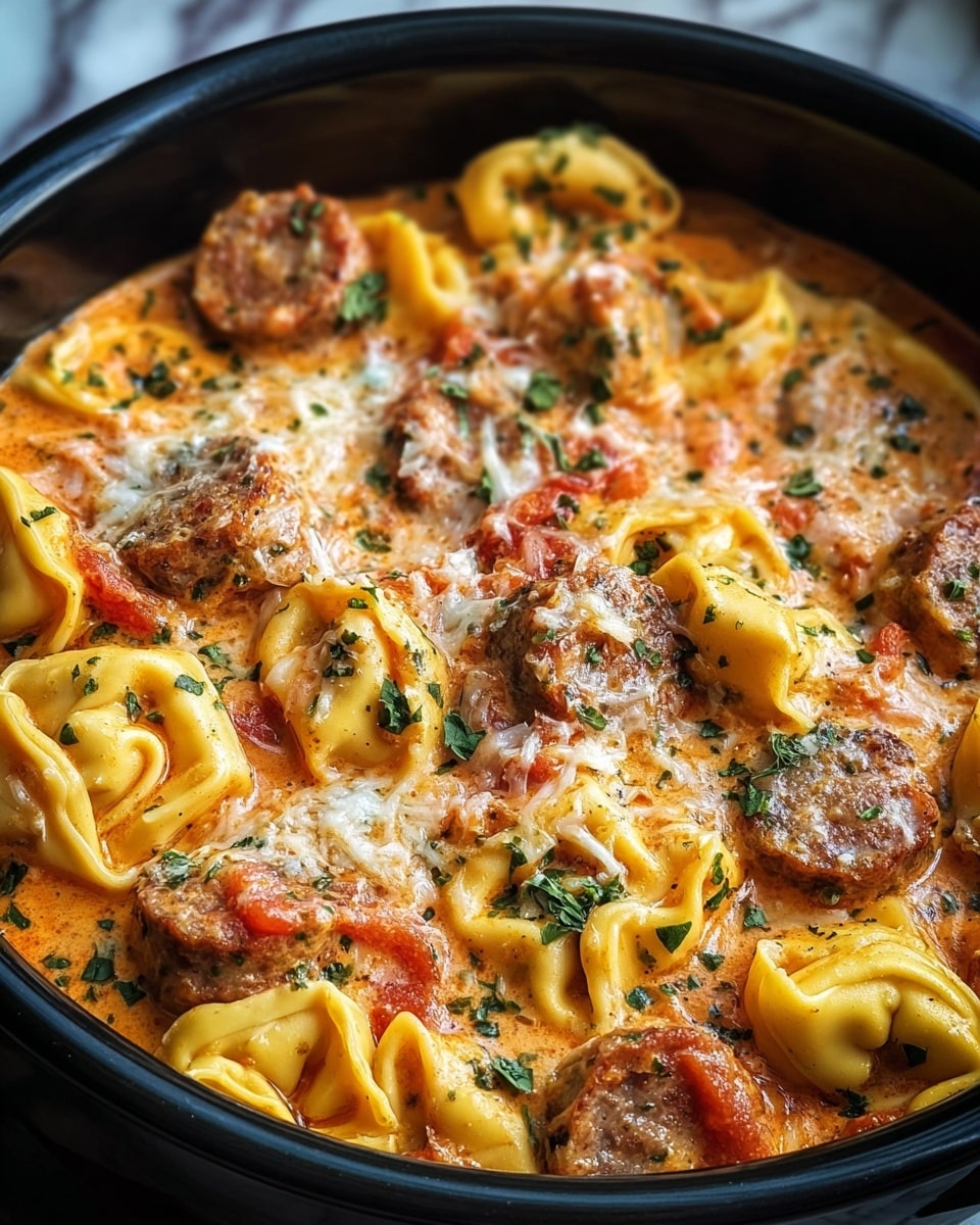 This close-up image shows a deep black pot filled with tortellini pasta and sausage slices in a creamy orange sauce. The dish has two main layers: the bottom layer is a smooth and thick creamy sauce with red tomato chunks mixed in, while the top layer has yellow tortellini pasta with a soft, slightly shiny texture, browned sausage slices with a crispy outside, melted white cheese sprinkled over, and small green herb pieces scattered for garnish. The lighting highlights the moist, rich texture of the sauce and cheese, making the whole dish look warm and comforting. The background has a white marbled texture. photo taken with an iphone --ar 4:5 --v 7