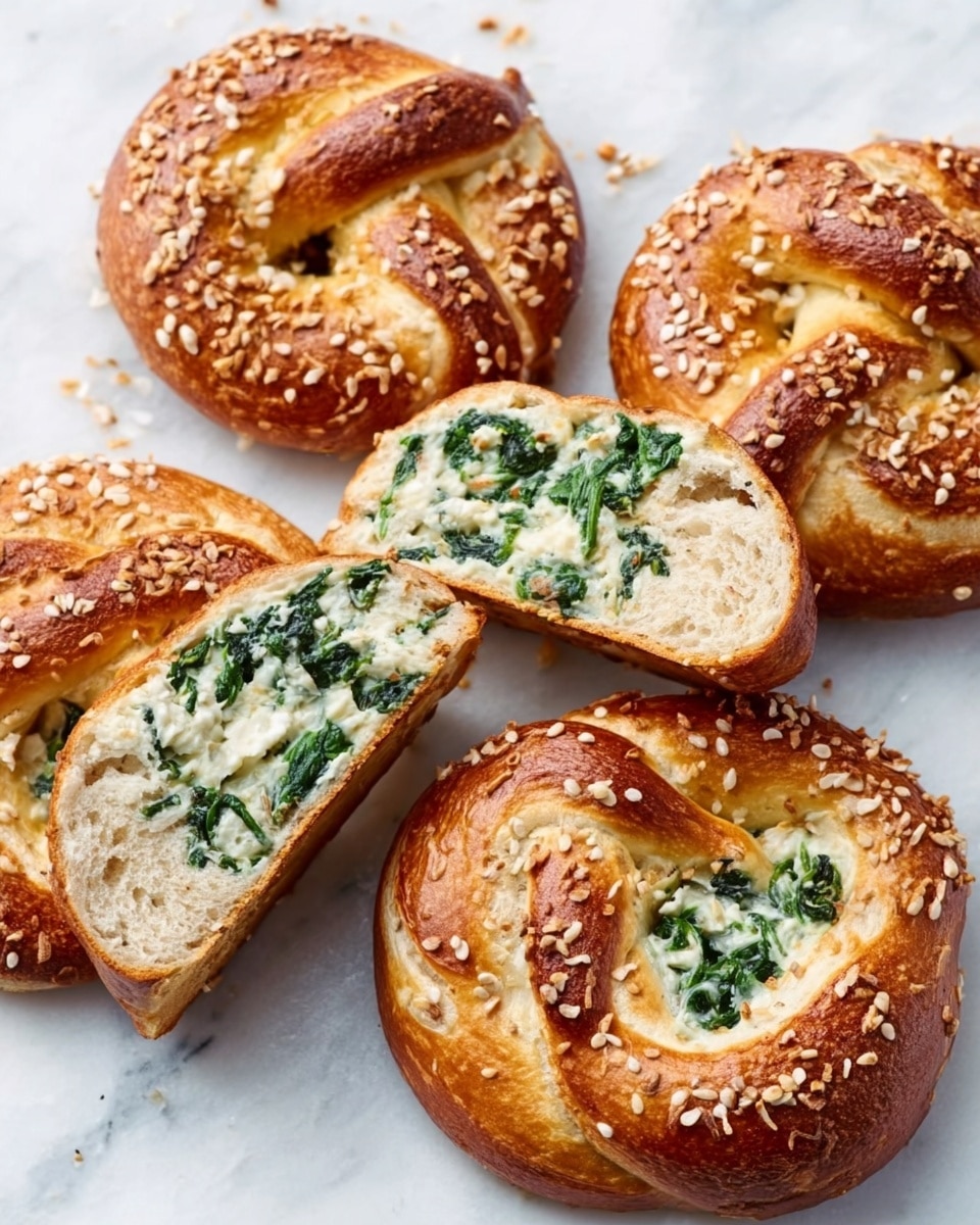The image shows five golden brown soft pretzels topped with a mix of sesame and coarse salt, resting on a white marbled surface. Four of them remain whole, each with a shiny, slightly textured crust from baking, and one pretzel is cut in half to reveal its inside. The cross-section displays two main layers: a dense, light beige bread layer with a soft, fluffy texture, and inside this, a creamy white filling mixed with dark green spinach leaves that look fresh and slightly wilted. The cut pieces are placed in the center, slightly overlapping each other. Photo taken with an iphone --ar 4:5 --v 7