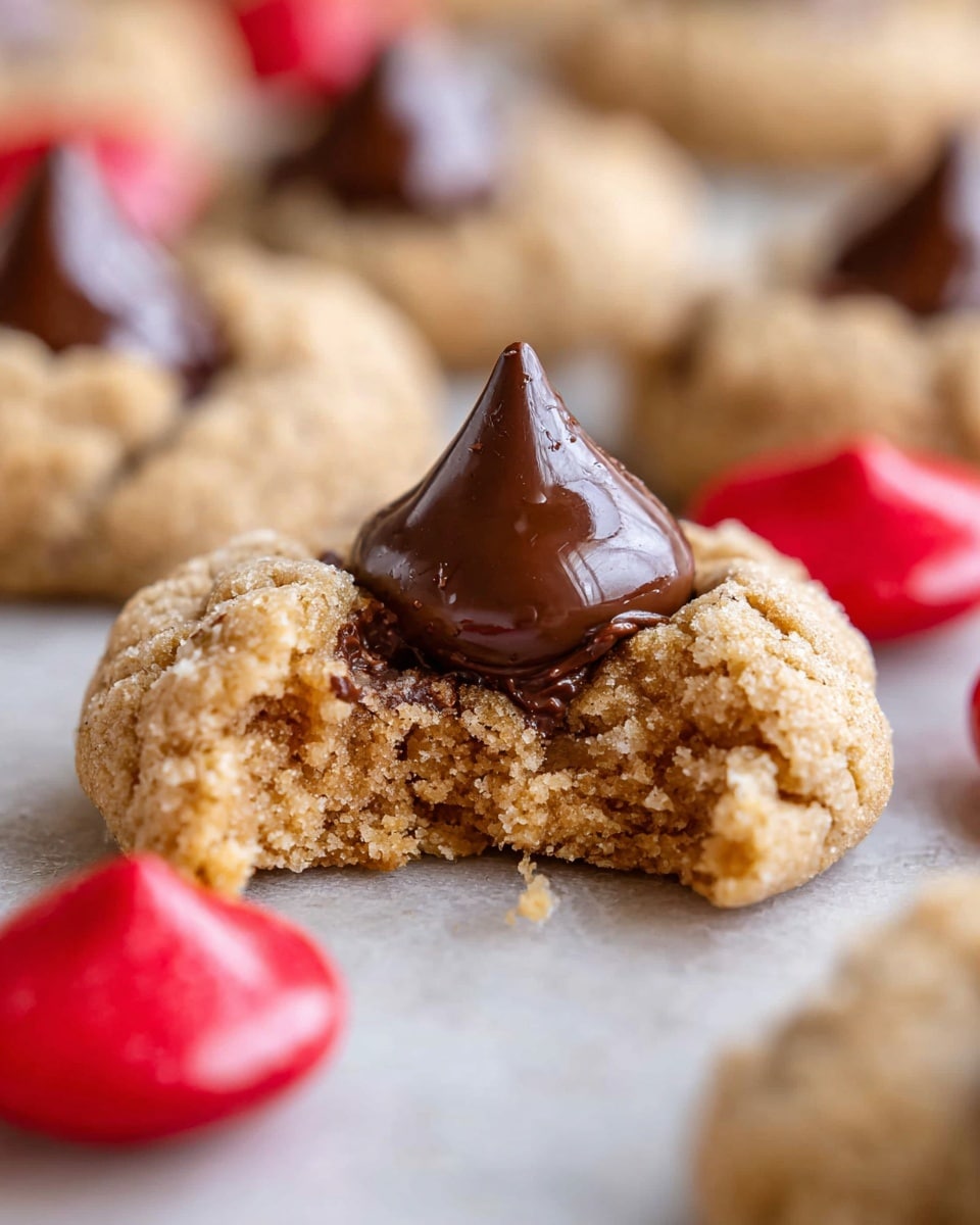 The image shows a close-up of a single cookie that is broken open revealing its soft, crumbly, light brown dough inside. On top of the cookie is a thick, shiny dark brown chocolate drop with a smooth texture and a teardrop shape. Behind this cookie, there are blurred shapes of other small round candies, mostly red and dark brown, resting on a white marbled surface. The cookie dough looks sandy and coarse, contrasting with the glossy chocolate peak on top. Photo taken with an iphone --ar 4:5 --v 7