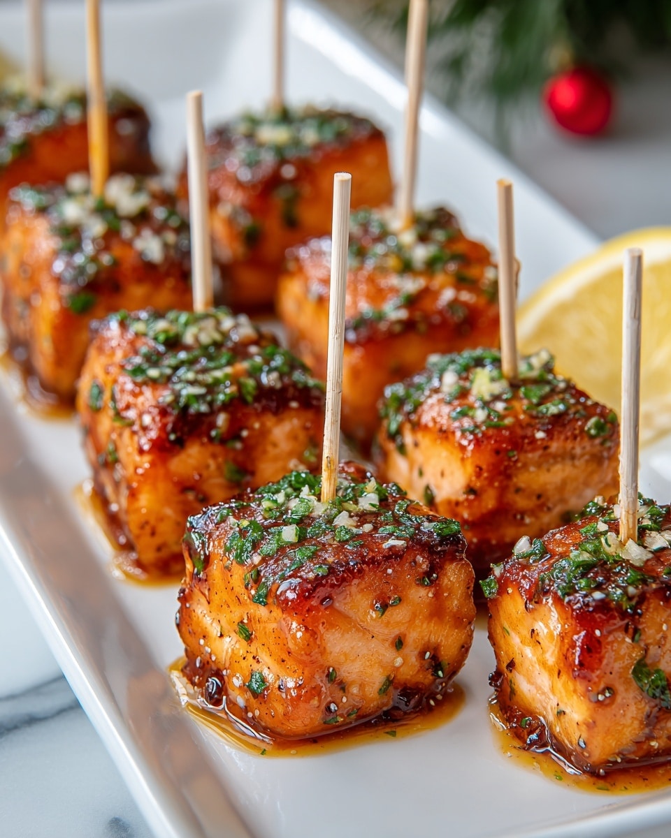 The image shows ten small grilled salmon cubes arranged in two rows on a long white plate set on a white marbled surface. Each salmon cube is glazed with a shiny, caramelized sauce that gives it a rich orange-brown color, sprinkled with finely chopped green herbs and small bits of seasoning. A thin wooden skewer sticks vertically out of the center of each cube. In the background, there are blurred lemon wedges adding a hint of yellow color. The salmon pieces have a slightly crispy texture on the top layer with a tender pink flesh visible on the sides. photo taken with an iphone --ar 4:5 --v 7