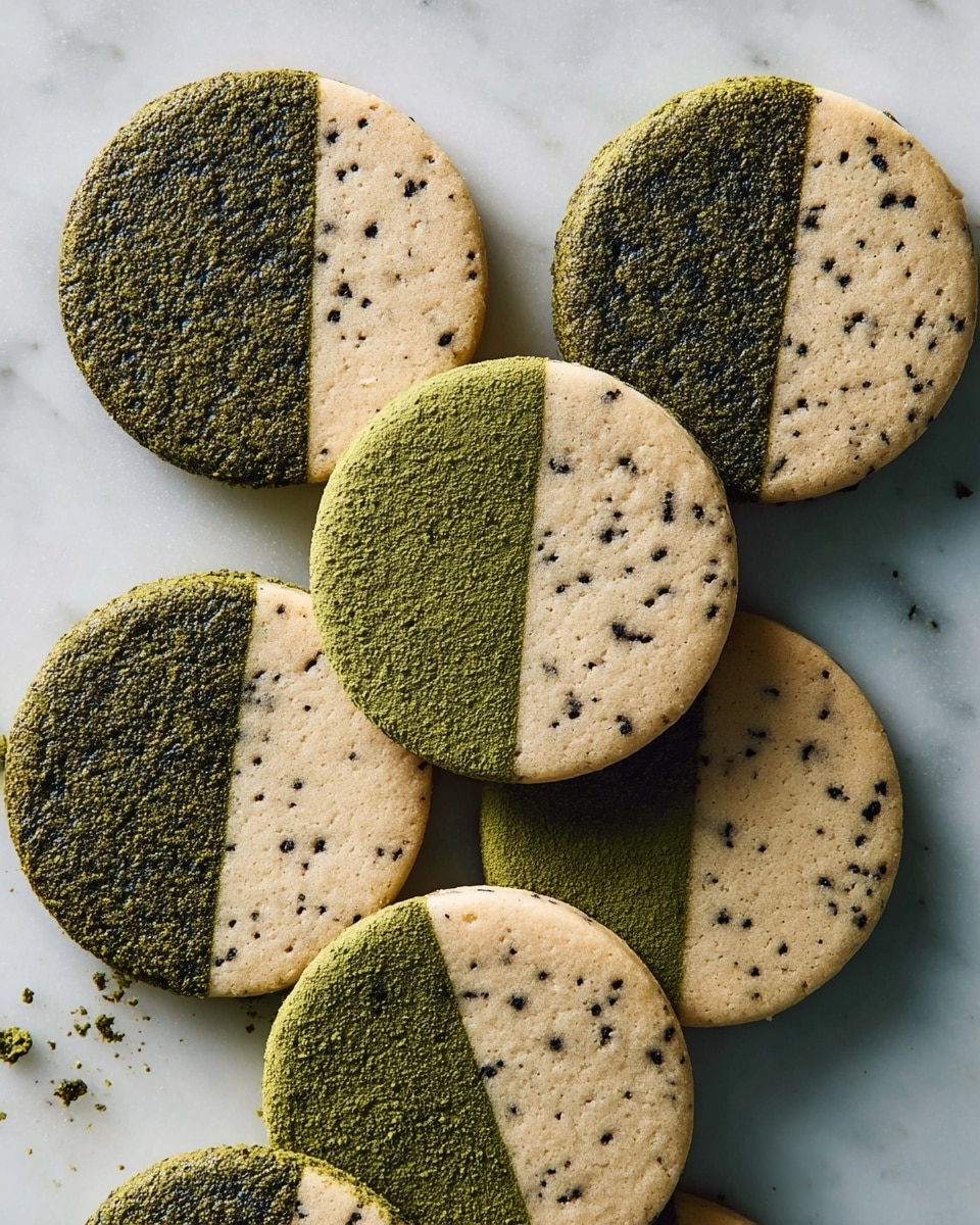The image shows several round cookies laid out on a white marbled surface. Each cookie is split into two equal halves, one half in a bright green color with a crumbly texture, and the other half in a light beige color with black specks scattered throughout. The cookies are flat with a slightly rough surface, and crumb pieces are visible around and on the cookies. There are no additional layers or toppings on the cookies. photo taken with an iphone --ar 4:5 --v 7