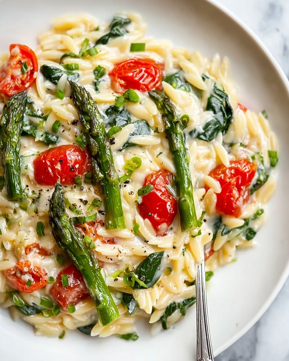 A close-up view of a creamy pasta dish on a white plate set on a white marbled texture surface, showing one main layer of orzo pasta coated in a smooth white sauce mixed throughout evenly. The pasta is dotted with vibrant red cherry tomato halves, bright green spinach leaves, and asparagus spears placed on top and within the pasta, adding pops of fresh green color. The dish is sprinkled with small pieces of chopped green herbs and a few cracks of black pepper, enhancing the textures and colors. A silver fork is positioned on the left edge of the plate, partially resting on the surface. photo taken with an iphone --ar 4:5 --v 7