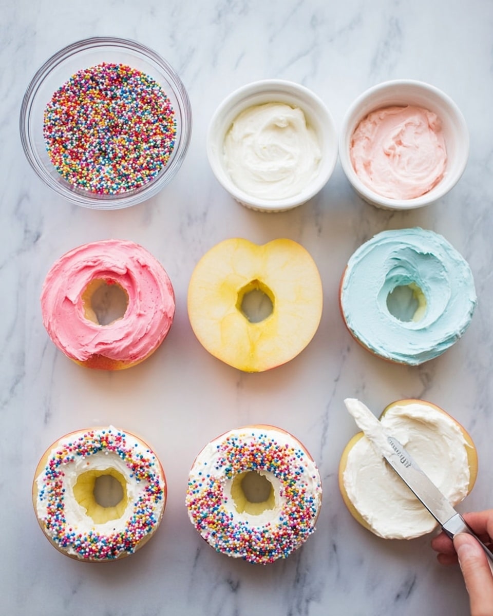 The image shows four apple slices with holes in the middle arranged in a rough row on a white marbled surface. Above them are four small white bowls filled with frosting in white, pink, yellow, and blue colors. To the left of the apples, there is a small clear bowl filled with colorful sprinkles. Below the apple slices, the first one is covered with white frosting and decorated with sprinkles. The middle one is being spread with white frosting using a knife held by a woman's hand, while the last apple slice on the right is plain. photo taken with an iphone --ar 4:5 --v 7