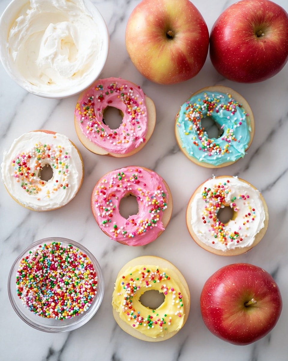 The image shows seven apple slices cut in rings, each iced with colorful frosting and topped with sprinkles. There are two slices with white frosting, three with pink frosting, one with blue frosting, and one with yellow frosting. The frosting is spread evenly, and the sprinkles are scattered on top in many colors including red, green, yellow, and white. Nearby are two whole apples, one red and one yellow-red, a white bowl with white frosting, and a small clear bowl filled with multi-colored sprinkles, all placed on a white marbled surface. Photo taken with an iphone --ar 4:5 --v 7