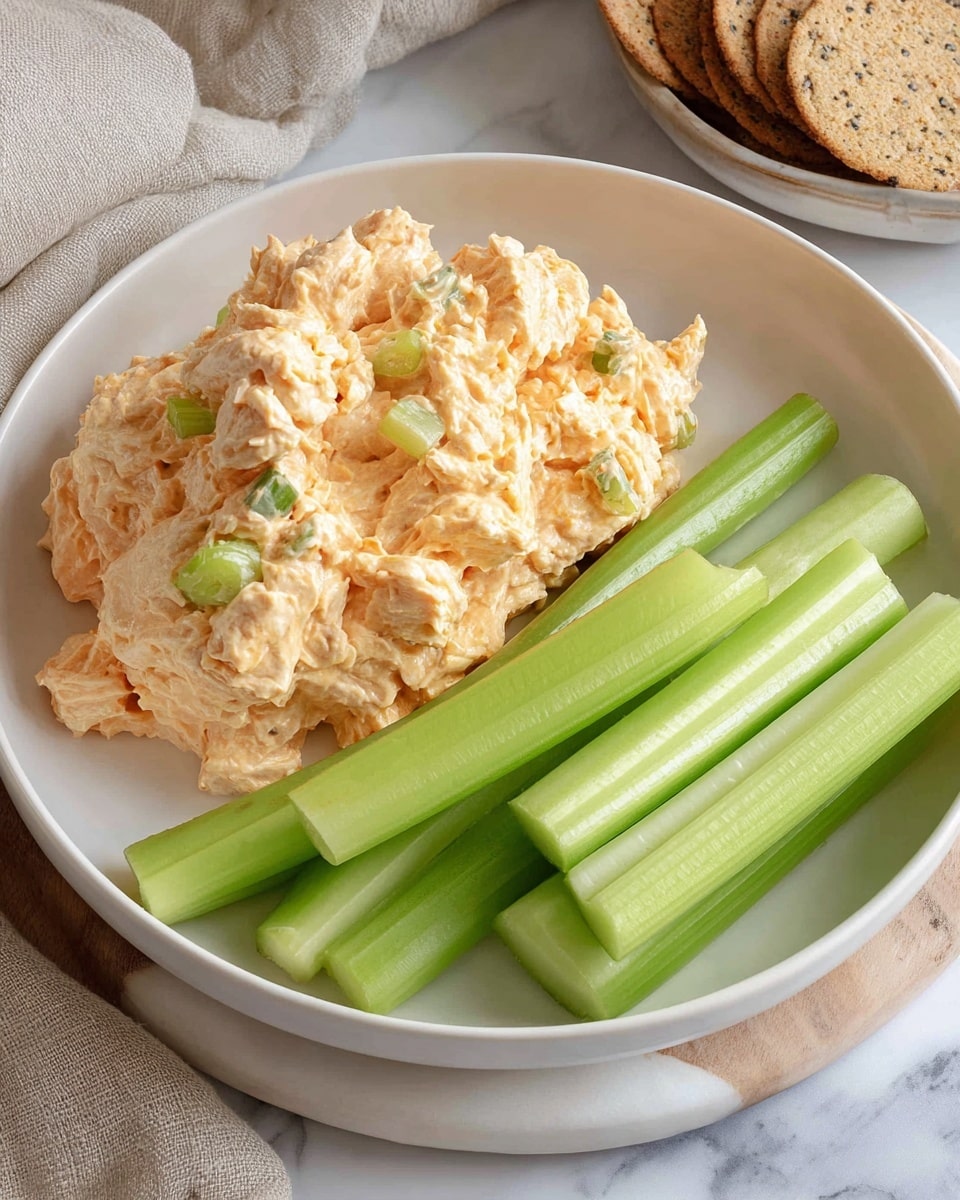 A white plate holds two main parts: on the left, there is a creamy, chunky mixture with pale orange and small green bits, showing a soft and slightly chunky texture; on the right, there are seven fresh celery sticks, bright green with smooth surfaces, neatly arranged in a row. The plate sits on a white marbled surface with a beige cloth and a cracker appearing softly blurred in the background. photo taken with an iphone --ar 4:5 --v 7