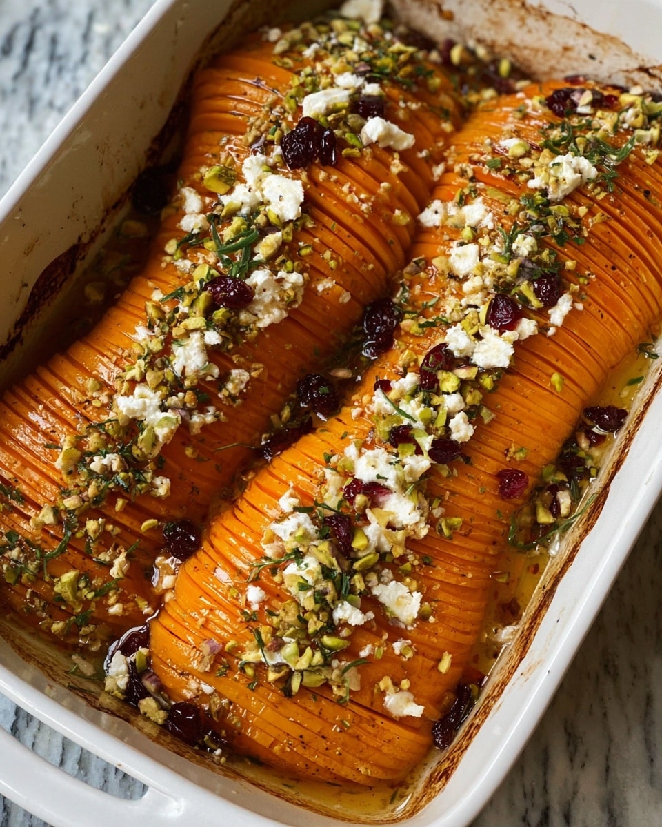 The dish shows two butternut squash halves thinly sliced into many narrow layers, neatly arranged side by side in a white baking dish. The squash is a bright orange color with a slight glaze from roasting, topped with scattered white crumbles of cheese, green chopped pistachios, small red bits of dried cranberries, and fresh green herbs. The edges of the baking dish show some dark roasting marks and a little sauce. The background is a white marbled texture. Photo taken with an iphone --ar 4:5 --v 7