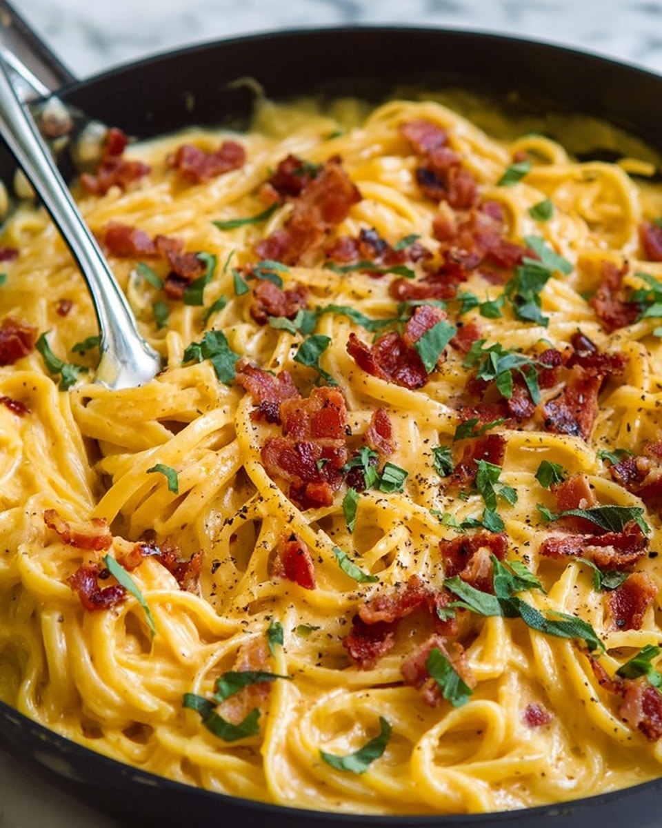 A close-up image of a black pan filled with creamy yellow pasta noodles coated in a thick cheese sauce, topped with small crispy bacon pieces scattered evenly across the surface. Fresh green herbs, some whole leaves and some chopped, are spread over the pasta, adding contrast. The dish has a glossy look with visible specks of black pepper sprinkled on top. A fork is partially inserted into the noodles at the top left. The background is a white marbled surface. Photo taken with an iphone --ar 4:5 --v 7