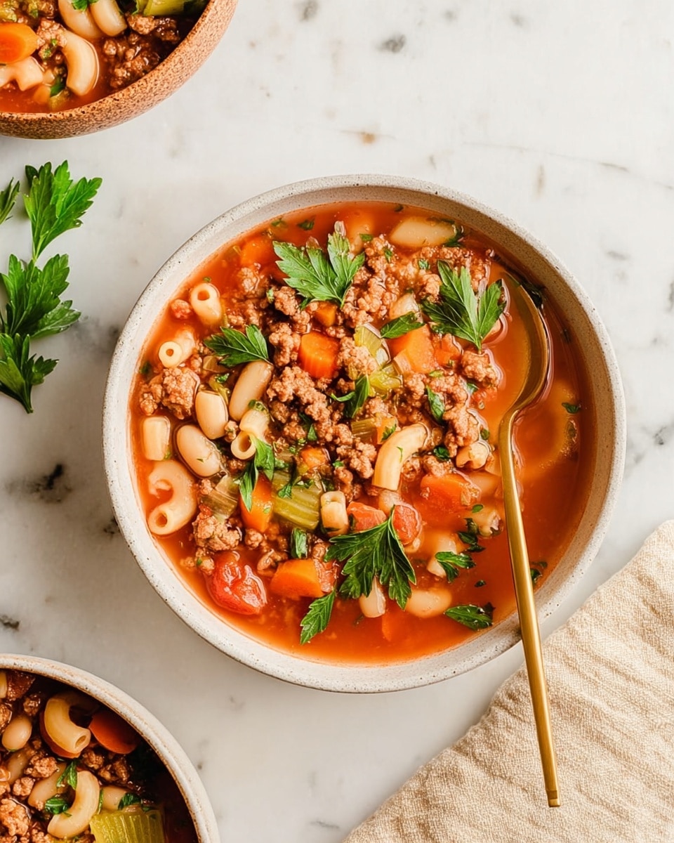 A white bowl full of thick soup with about five layers visible: at the bottom, a rich reddish-brown tomato broth; mixed within it, pieces of light orange carrots and pale green celery chunks; tender elbow macaroni pasta in a creamy white color scattered throughout; small crumbles of browned ground meat spread evenly; and fresh, bright green parsley sprinkled on top. A golden spoon rests inside the bowl on the right side, and a small part of another white bowl is seen at the top right. The bowl sits on a white marbled surface with some fabric in the corner. Photo taken with an iphone --ar 4:5 --v 7