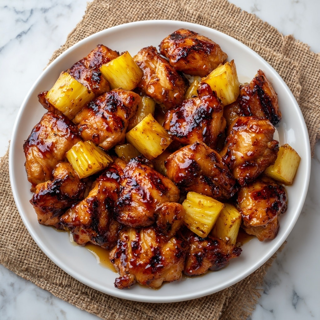 The image shows a white plate filled with rich, golden-brown Hawaiian chicken pieces glazed with a shiny, sticky sauce, mixed with bright yellow chunks of pineapple. The chicken appears tender and juicy, with some pieces showing slight grill marks and caramelization that add texture. The pineapple pieces are cut into medium-sized chunks, adding pops of vibrant yellow amidst the reddish-brown chicken. The plate sits on a white marbled surface with a burlap-like cloth underneath, creating a rustic and warm setting. photo taken with an iphone --ar 4:5 --v 7