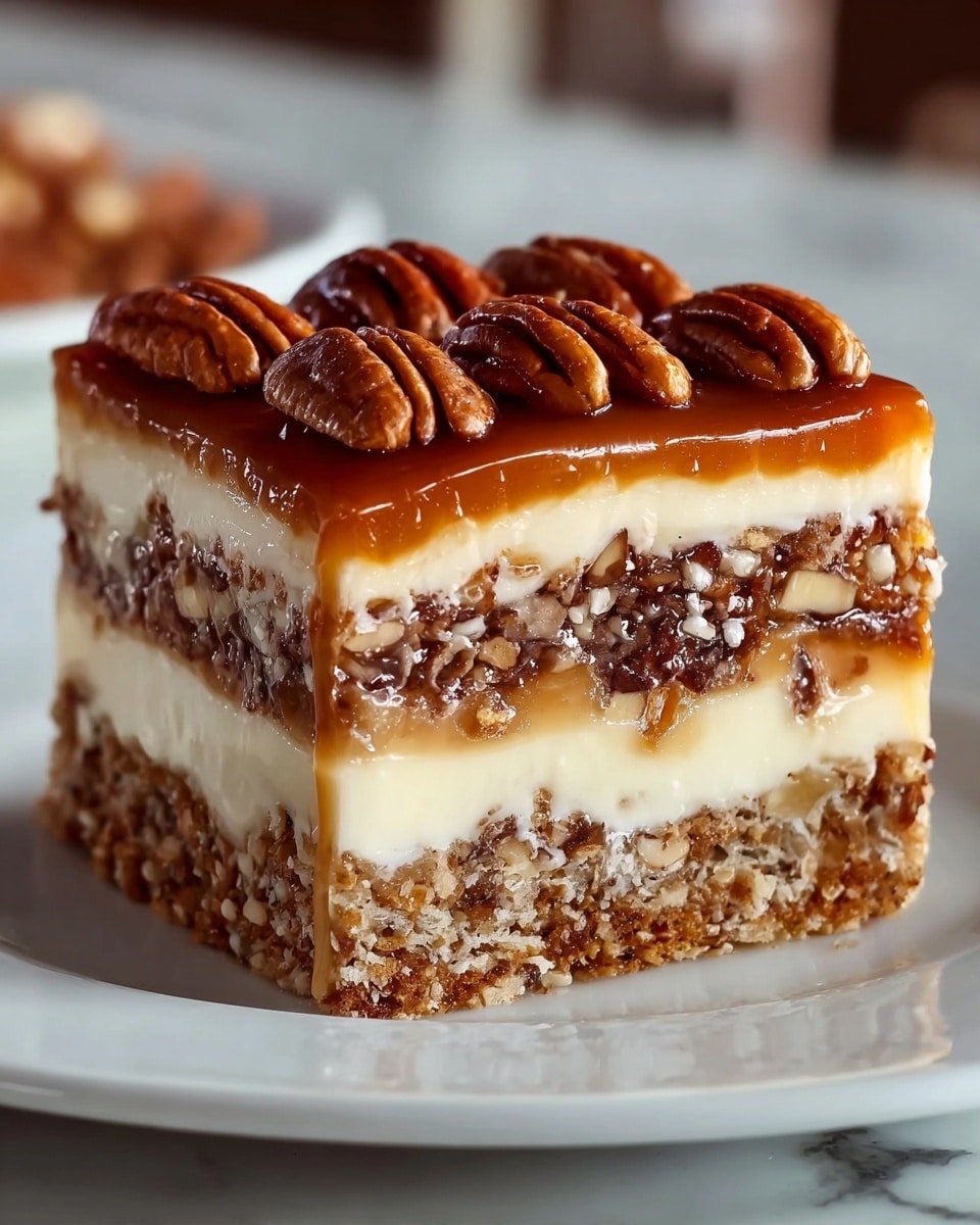 A square slice of layered dessert sits on a white plate with a white marbled surface in the background. The dessert has four main layers, starting from the bottom with a crunchy, nutty base mixed with small chopped nuts. Above that is a thick creamy white layer, smooth in texture, followed by a brownish nut and fruit filling layer mixed with crunchy pieces. Then there is another creamy white layer mixed with nuts, topped by a glossy caramel layer that shines with a warm brown color. On top, several whole toasted pecans are placed evenly, giving a rich, textured finish. The overall look is moist and rich with a mix of creamy and crunchy parts. photo taken with an iphone --ar 4:5 --v 7