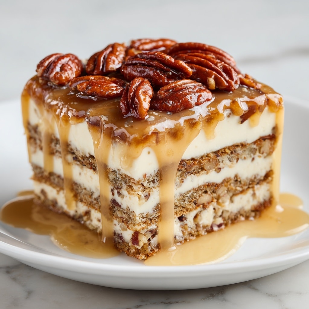 A square piece of layered maple pecan opera cake sits on a white plate with a white marbled texture background. The cake has five visible layers, alternating between light brown cake mixed with small pecan bits and creamy white filling. The top layer is covered with a shiny caramel glaze that drips slightly down the sides. Whole glossy pecans are piled generously on top, adding texture and rich brown color to the glossy caramel surface. The cake looks moist and dense with a mix of smooth and crunchy textures. Photo taken with an iphone --ar 4:5 --v 7