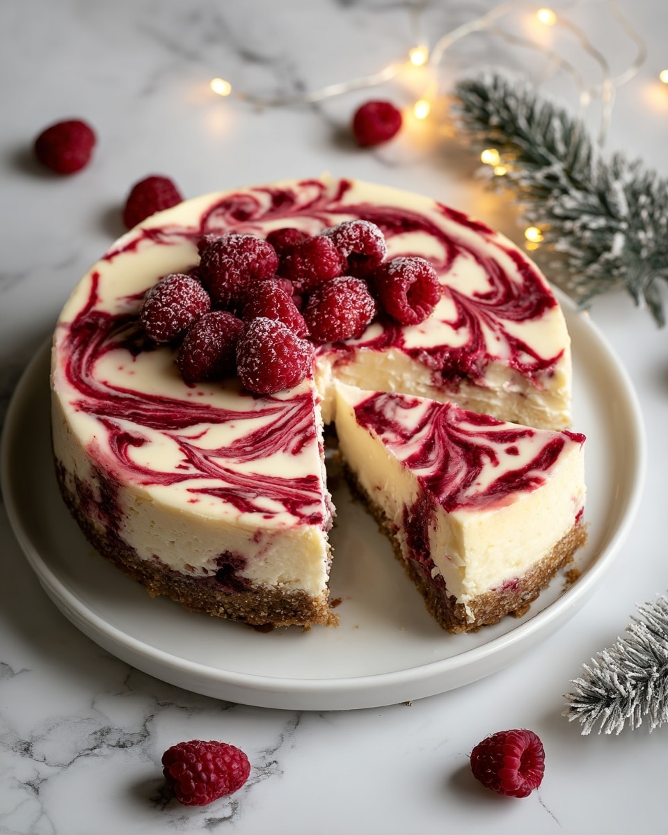 A round cheesecake with a brown crumbly crust at the bottom, topped with a smooth cream-colored layer of cheesecake filling swirled with deep red raspberry sauce in a marbled pattern. Fresh raspberries are placed on top of the filling, with several scattered around the white plate and on the white marbled surface. A wedge-shaped slice is cut and slightly pulled out, showing the layers clearly. Warm yellow fairy lights and a small frosted pine branch nearby add a cozy feel. Photo taken with an iphone --ar 4:5 --v 7