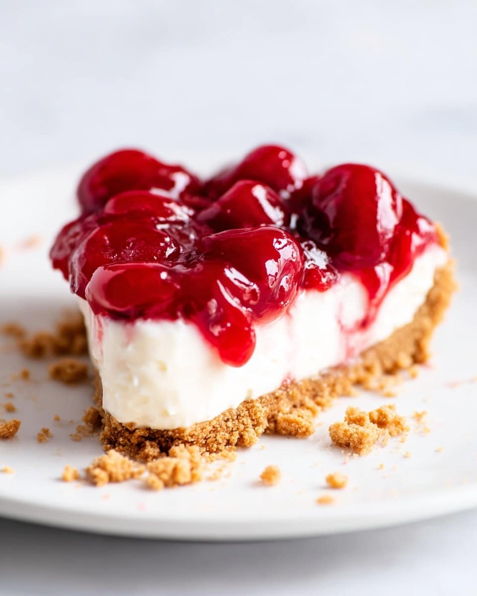 A close-up of a single triangular slice of cherry cheesecake on a white plate with a white marbled texture. The bottom layer is a crumbly, light brown graham cracker crust. On top of that is a thick, smooth, and creamy white cheesecake layer. The top layer is a glossy red cherry topping with whole cherries embedded in the thick syrup, covering the cheesecake and slightly spilling over the edges. The crust edges are visible around the slice, and scattered crumbs lay on the plate near it. photo taken with an iphone --ar 4:5 --v 7