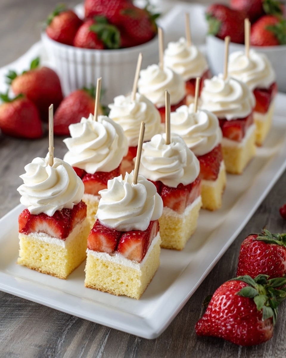 The image shows a long white rectangular plate holding eight small dessert bites, each with three layers. The bottom layer is a square piece of light yellow cake with a soft and spongy texture. On top of each cake piece is a bright red, shiny strawberry half, placed with the cut side down and the green leaves removed. The final layer is a swirl of white whipped cream piped neatly on top of the strawberries. Each dessert bite is held together by a thin wooden skewer inserted vertically through all the layers. In the background, there are whole strawberries in a small white bowl on a white marbled surface. Photo taken with an iphone --ar 4:5 --v 7