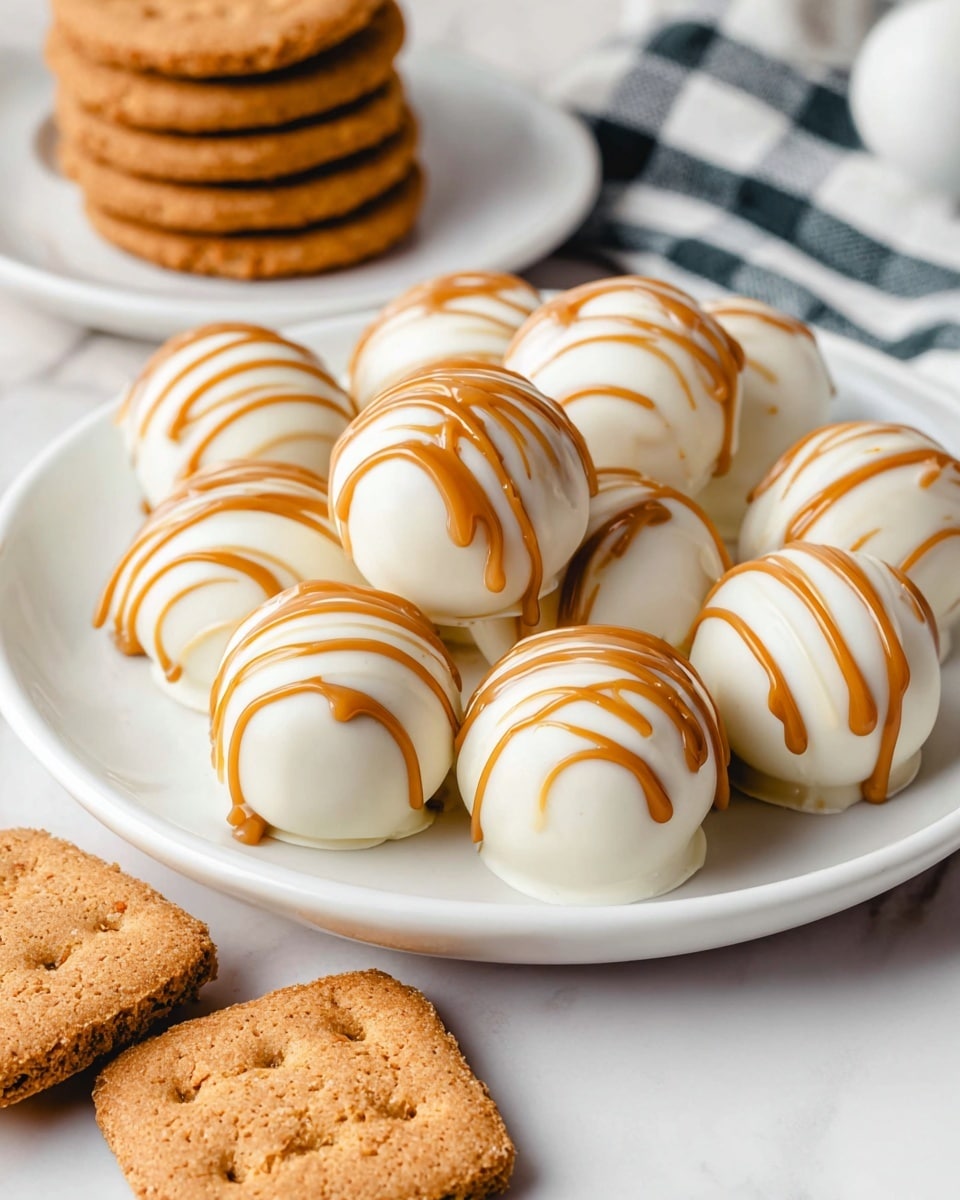 A white plate holds eleven round treats coated in smooth white chocolate, each decorated with thin, irregular lines of caramel-colored drizzle on top. The treats have a shiny and glossy texture that contrasts with the thick, rich drizzle flowing over them. In the background and foreground, rectangular golden-brown biscuits with a crumbly texture are stacked casually, adding warmth to the scene. All items rest on a white marbled surface, enhancing the bright and clean look. Photo taken with an iphone --ar 4:5 --v 7