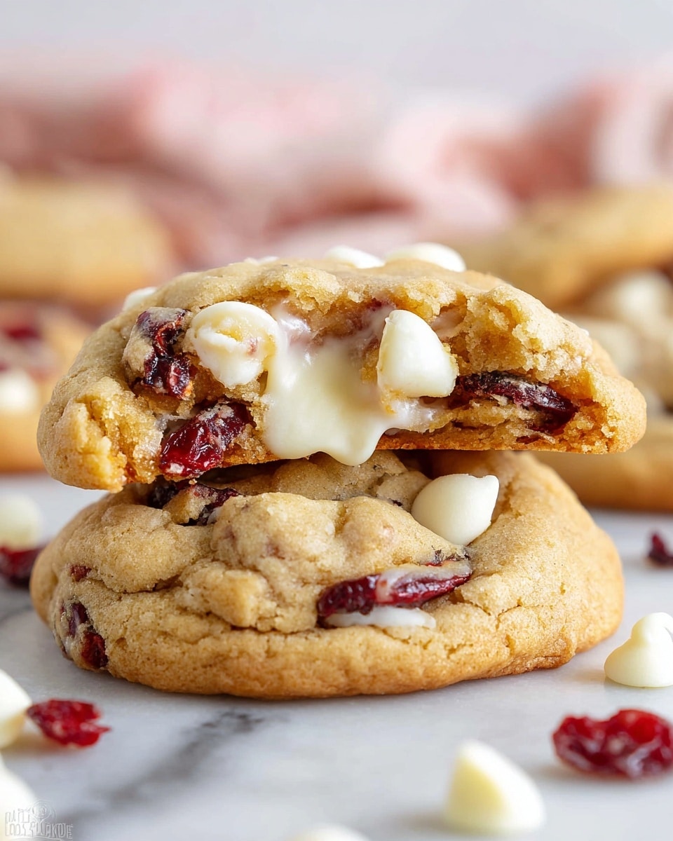 The image shows two stacked cookies on a white marbled surface, with the top cookie broken in half to reveal a soft, gooey white filling inside. The cookies are golden brown with a slightly cracked surface, embedded with dark red dried fruit pieces and scattered white chocolate chips both inside and on top. Around the cookies are a few loose white chocolate chips and pieces of dried red fruit. The background is softly blurred with light colors, including hints of pink from a cloth, keeping full focus on the textured cookies in the foreground. photo taken with an iphone --ar 4:5 --v 7
