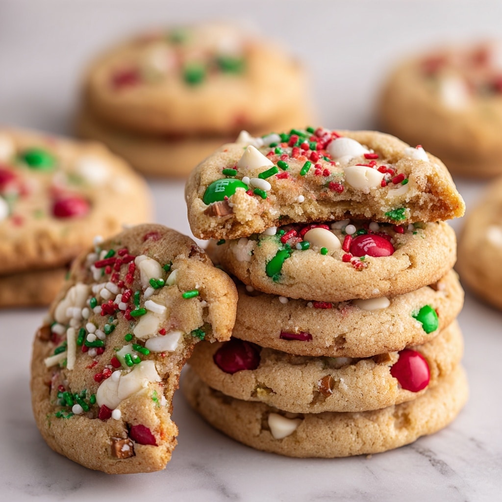 The image shows thick, round Christmas cookies with a soft, golden-brown base. Each cookie is packed with colorful candy pieces, including red and green M&M's, small white chips, pretzel bits, and red and green sprinkles scattered over the top. The cookies have a slightly cracked texture on the surface, with visible candy embedded inside, and one cookie has a bite taken out, revealing a chewy, dense interior. They are laid on a white marbled surface, with a close-up of one cookie in the front and a stack of many cookies behind it. The colors are bright and festive, making the cookies look soft and freshly baked. Photo taken with an iphone --ar 4:5 --v 7