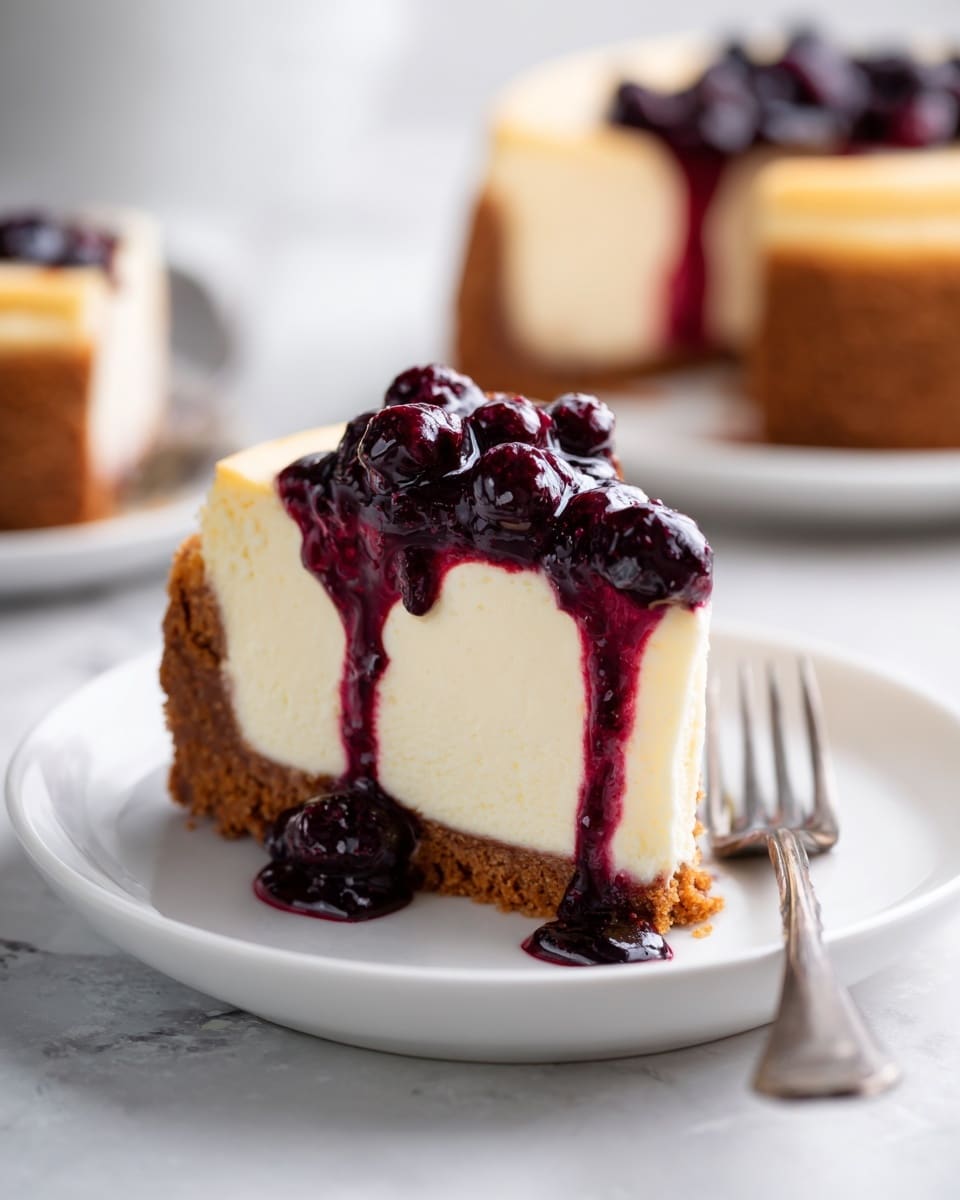 A slice of creamy cheesecake with three visible layers: the bottom layer is a thick, crumbly golden brown crust, the middle layer is smooth, pale cream cheese filling, and the top layer is a dark purple mixed berry sauce that drips down the sides. The cheesecake slice sits on a white plate with a silver fork on the right, and a second slice is blurred in the background. The setting is a white marbled texture, giving a clean, soft look. Photo taken with an iphone --ar 4:5 --v 7