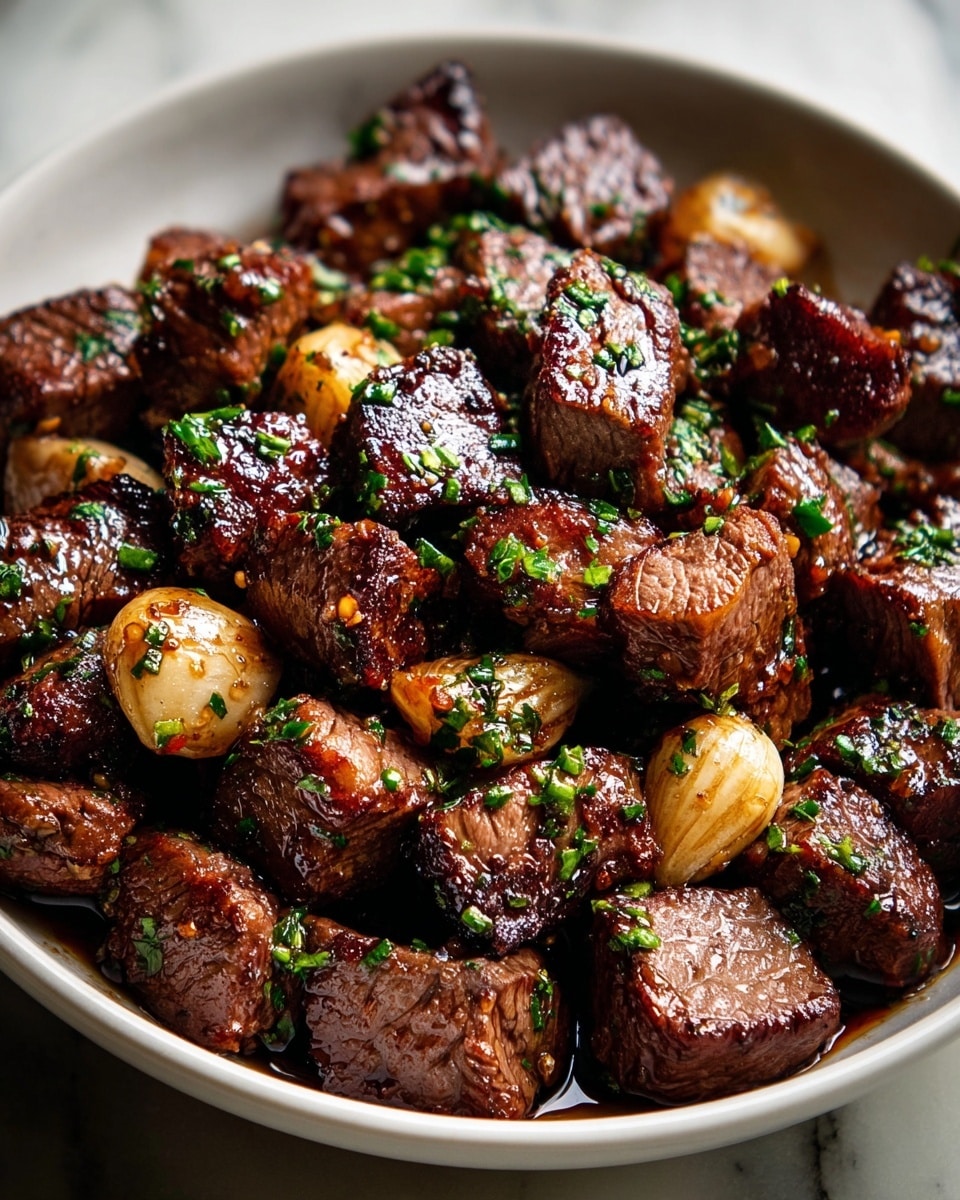 The image shows seven pieces of cooked steak medallions placed closely together on a white plate. Each steak piece has a browned, slightly crispy outer texture with visible grill marks and a juicy sheen. The tops of the meat are sprinkled with small green herb bits and a light drizzle of melted butter or oil, creating a shiny, moist surface. The sauce or juice pools around the steak pieces, adding a rich, glossy amber-brown color to the plate. The white plate rests on a white marbled surface. photo taken with an iphone --ar 4:5 --v 7