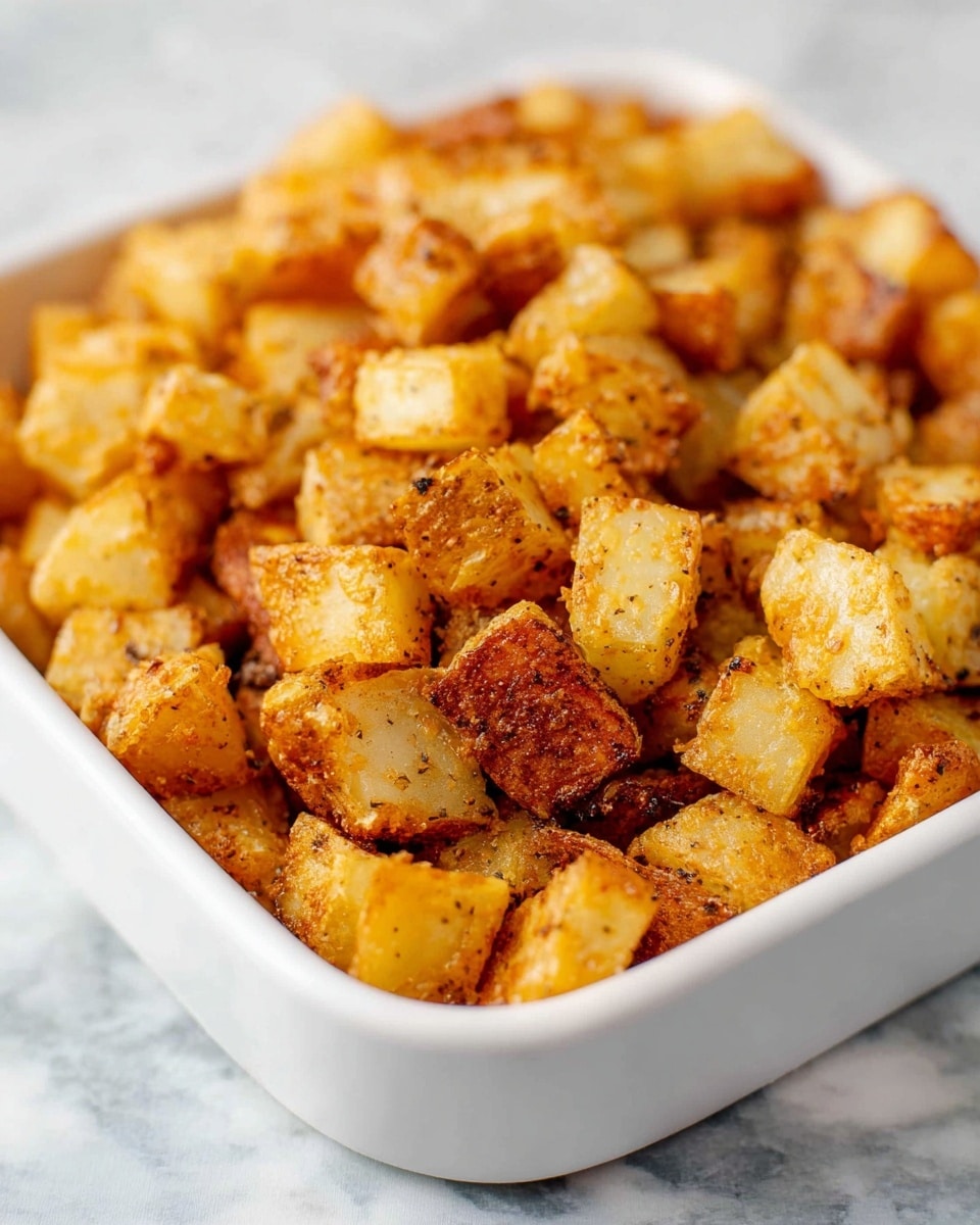 The image shows a white oval baking dish filled with small, golden-brown toasted bread cubes mixed with a light sprinkle of herbs and seasoning. The cubes have a crispy texture with some darker toasted edges, creating a nice contrast of light and dark browns. A silver spoon rests on the bottom right edge inside the dish, partially showing the bread cubes underneath. The dish is placed on a white marbled surface. Photo taken with an iphone --ar 4:5 --v 7