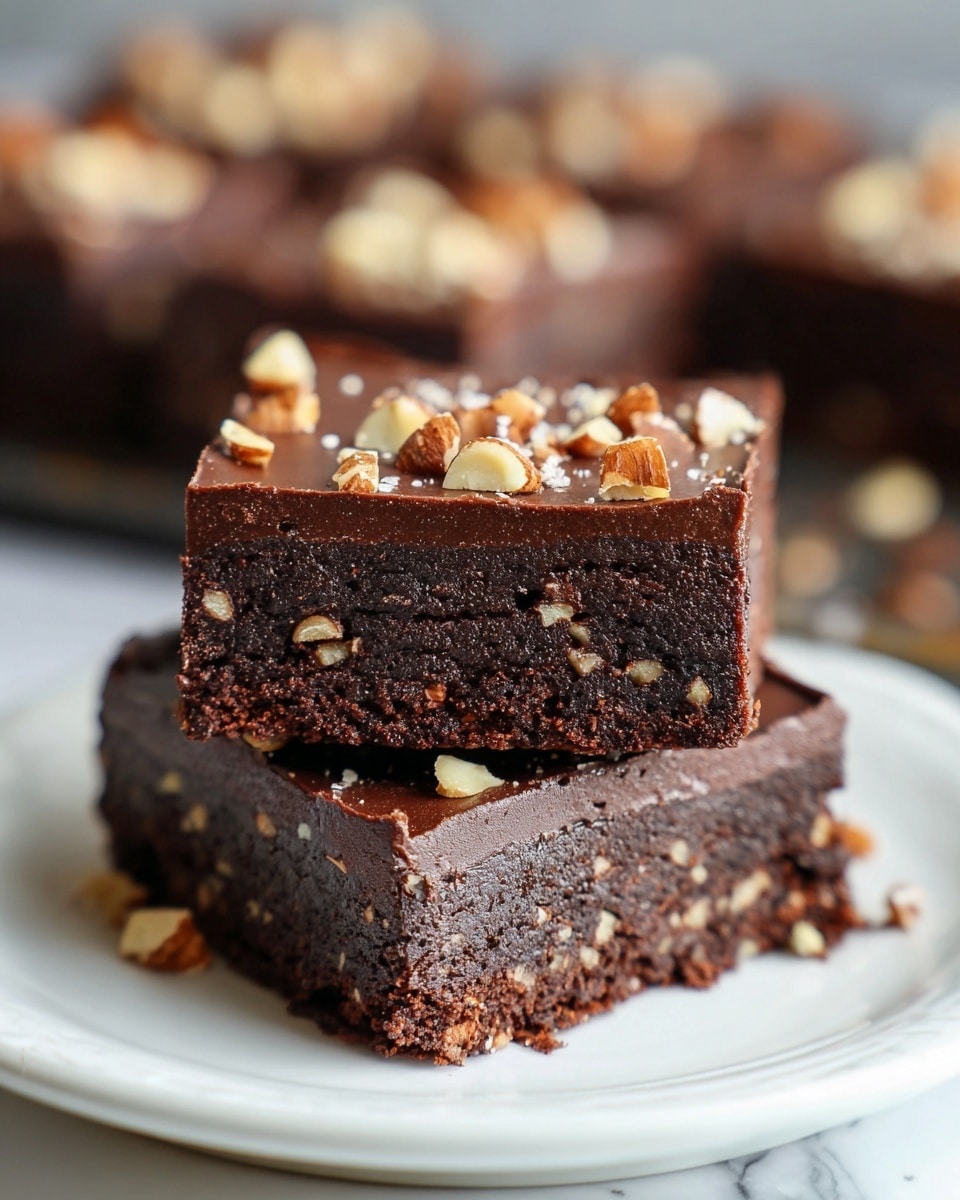 The image shows a close-up of two thick chocolate brownies stacked on a white plate with a white marbled texture surface underneath. Each brownie has a dense, moist dark brown base layer textured with small nut pieces visible inside. On top is a smooth, glossy chocolate layer that is medium brown and slightly shiny, sprinkled with chopped light brown and cream-colored nuts and small chocolate pieces. The edges of the brownies have a slightly crumbly texture, showing the richness of the chocolate. In the background, blurred brownies add depth to the image. photo taken with an iphone --ar 4:5 --v 7