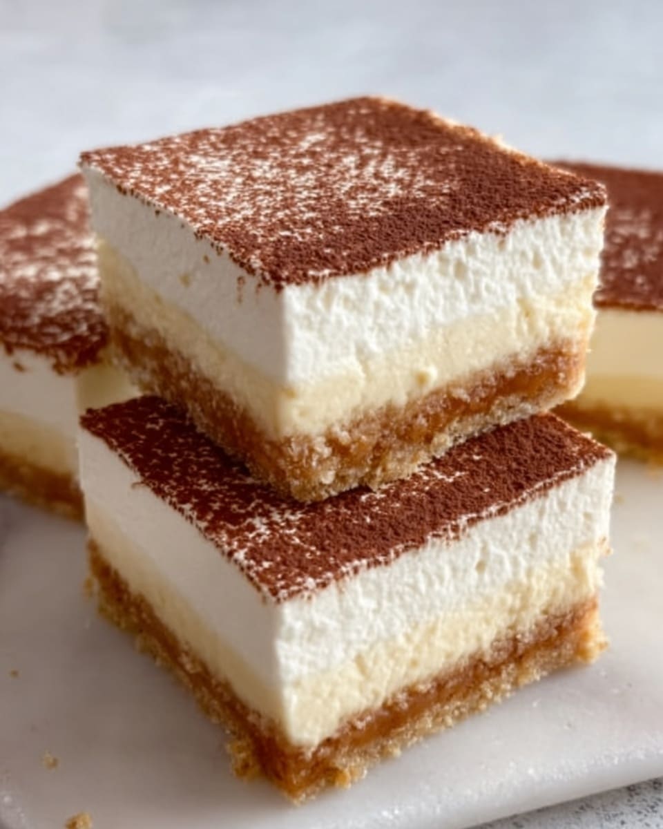 The image shows three square-shaped dessert bars on a white marbled surface. Each bar has three visible layers: the bottom layer is a light brown, crumbly crust with a rough texture, the middle layer is a thick, white, creamy filling with a smooth texture, and the top layer is a thin, uneven coat of light brown powder, likely cinnamon or cocoa, giving a slightly dusty look. The bars are stacked close together with soft edges, and the lighting highlights the creamy and crumbly textures clearly. photo taken with an iphone --ar 4:5 --v 7