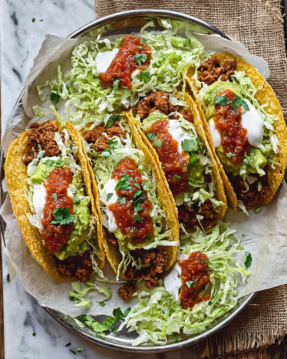 The image shows two soft shell tacos on a white plate with scalloped edges, placed on crumpled parchment paper. Each taco has a yellow soft shell filled with a layer of cooked ground meat that is reddish-brown and crumbly. On top of the meat, there is a small amount of white sauce drizzled unevenly and a dollop of red salsa. A bit of green herb garnish is also visible adding a fresh touch. Some scattered bits of the cooked meat lie on the plate around the tacos. The plate rests on a white marbled surface, and part of a woman's hand is lightly touching one of the tacos from the left side of the image. photo taken with an iphone --ar 4:5 --v 7