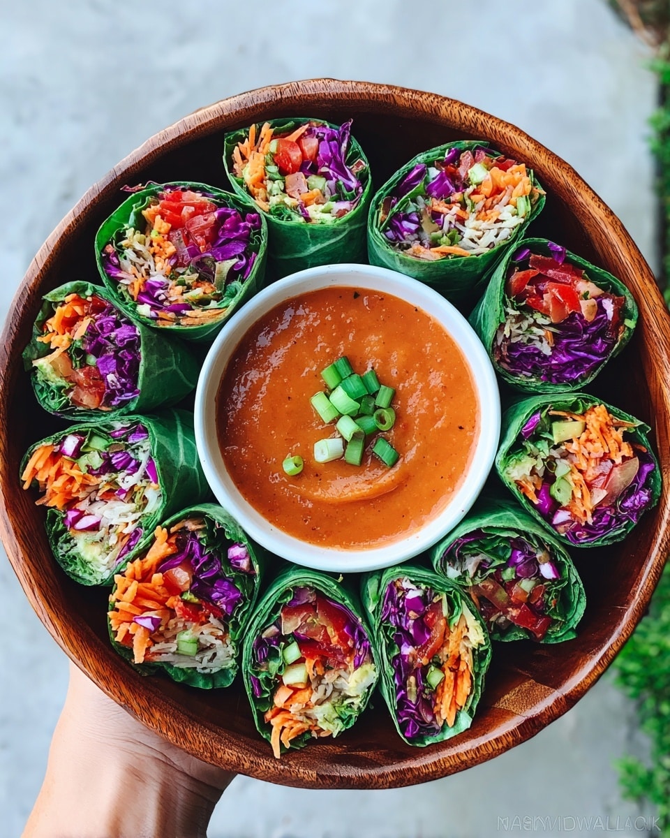 A round wooden bowl filled with several green leafy wraps cut in half, showing colorful layers inside including shredded orange carrot, chopped red bell peppers, purple cabbage, and light beige shredded filling. The wraps are arranged neatly around a small white bowl in the center, which holds a smooth orange-red dipping sauce topped with green onion slices. The bowl is being held by a woman's hand and placed over a white marbled background. photo taken with an iphone --ar 4:5 --v 7
