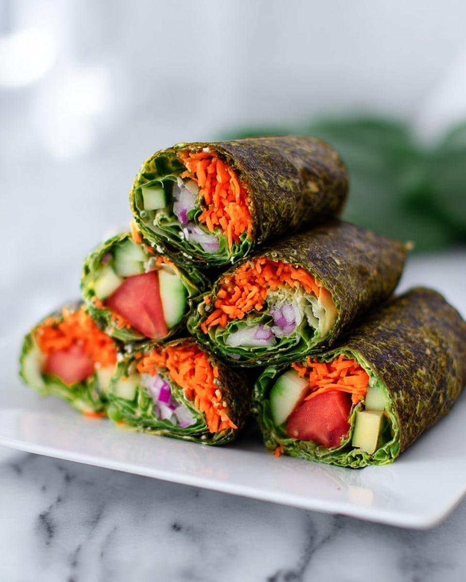 The image shows several cut pieces of fresh veggie wraps stacked on a white plate. Each wrap has a dark, textured outer layer made from a leafy green or herb base. Inside, there are layers of bright orange shredded carrots, green lettuce leaves, sliced green cucumber, red tomato pieces, and finely chopped light purple onions, all tightly rolled together. The white plate sits on a white marbled surface with a soft, out-of-focus background. photo taken with an iphone --ar 4:5 --v 7
