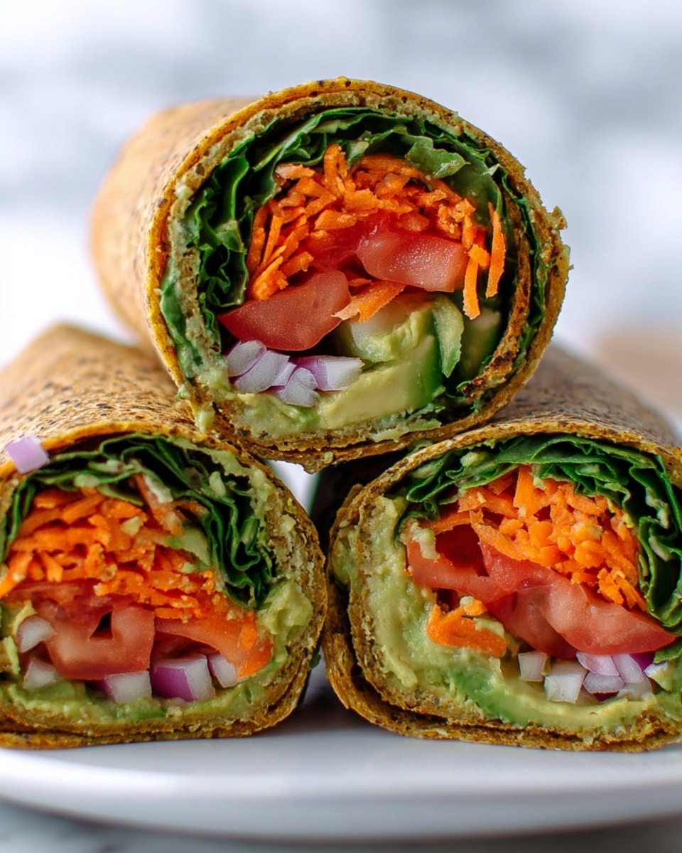 Three wraps stacked in a pyramid shape on a white plate, each cut in half to show the colorful inside. The outer layer is a thin, speckled brown wrap holding fresh green lettuce leaves, bright orange shredded carrots, thin slices of red tomato, small purple onion pieces, and light green avocado mashed spread. The layers inside are packed tightly and the textures range from crunchy vegetables to creamy avocado. The background and surface have a white marbled texture. photo taken with an iphone --ar 4:5 --v 7
