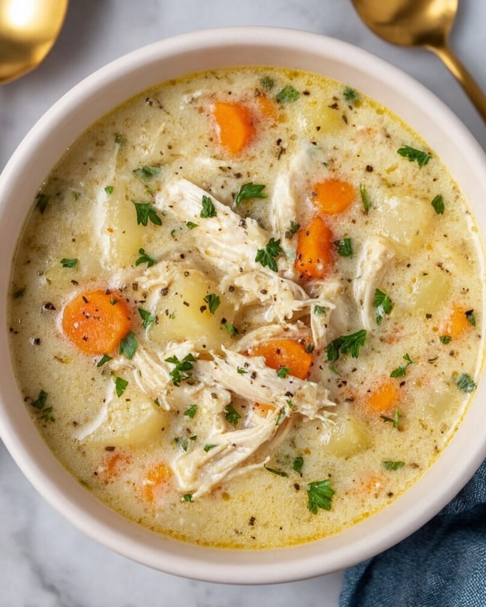 A white bowl filled with creamy chicken soup showing several layers of ingredients: shredded white chicken pieces on top mixed with small orange carrot slices and bits of green parsley scattered throughout. The soup base is thick and light yellow, speckled with black pepper and small soft potato chunks visible beneath the surface. The bowl rests on a white marbled surface with part of a medium blue cloth and a golden spoon nearby. photo taken with an iphone --ar 4:5 --v 7