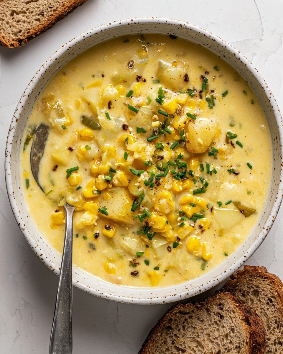A white speckled bowl filled with creamy yellow soup that has visible layers of yellow corn kernels, small light brown potato chunks, and bits of green herbs sprinkled on top, with finely chopped green chives and a few black pepper flakes adding texture and color. A silver spoon is placed inside the bowl on the left side, and on the right side, there are three slices of whole grain bread resting on a white marbled surface. The soup has a smooth, thick texture with the separate ingredients softly floating within. Photo taken with an iphone --ar 4:5 --v 7