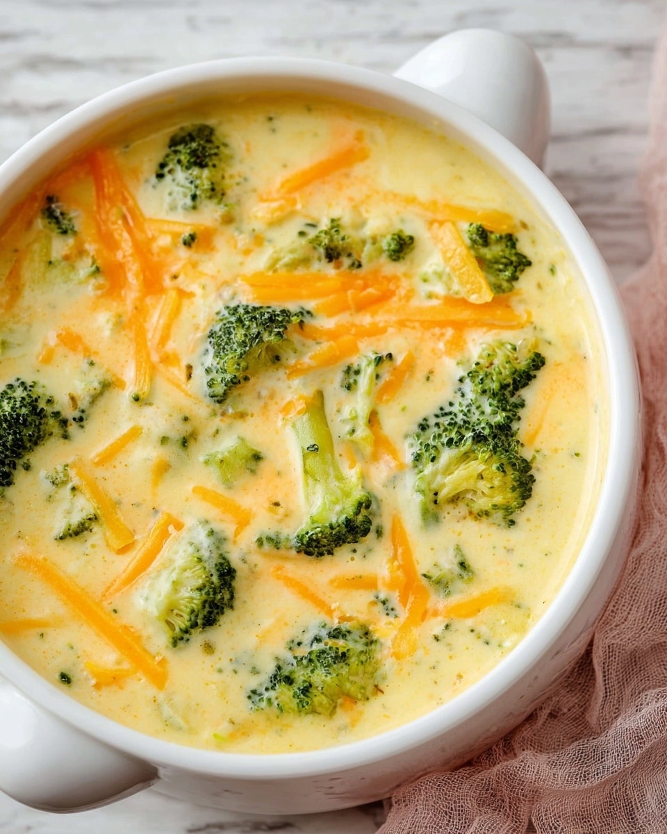 A close-up of creamy broccoli cheese soup in a white bowl with a handle, showing a smooth, thick, pale yellow base mixed with bright green broccoli florets and thin orange and white shredded cheese pieces spread evenly throughout. The soup's surface is glossy with melted cheese blending into the creamy texture. The bowl rests on a white marbled surface with part of a soft pink cloth visible on the side. photo taken with an iphone --ar 4:5 --v 7
