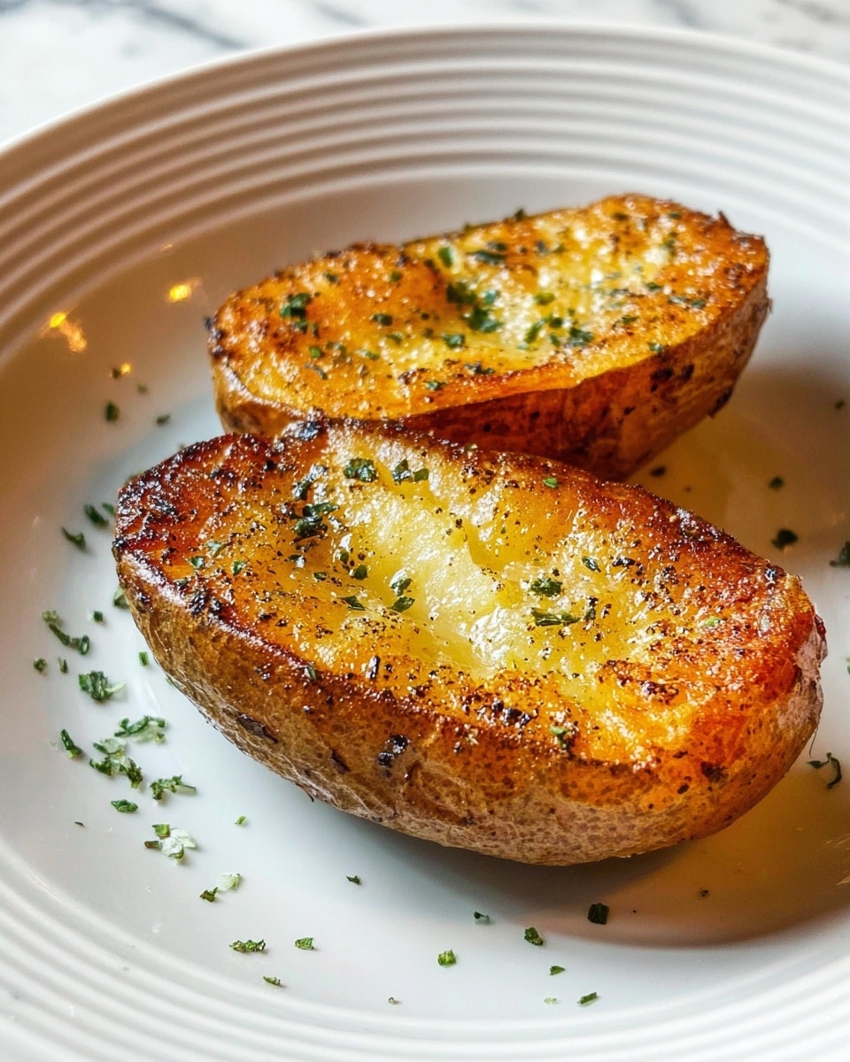 Two halved roasted potatoes are placed side by side on a white plate with subtle circular ridges. Each potato half has a golden-brown crust with a textured, slightly crispy surface speckled with herbs and black pepper, giving them a seasoned look. The inside of the potatoes shows a soft, creamy yellow color with a light coating of melted butter bubbling slightly on top. Scattered small green herb flakes are sprinkled around and on the potatoes, enhancing the overall rustic and appetizing appearance. The plate rests on a white marbled surface. Photo taken with an iphone --ar 4:5 --v 7
