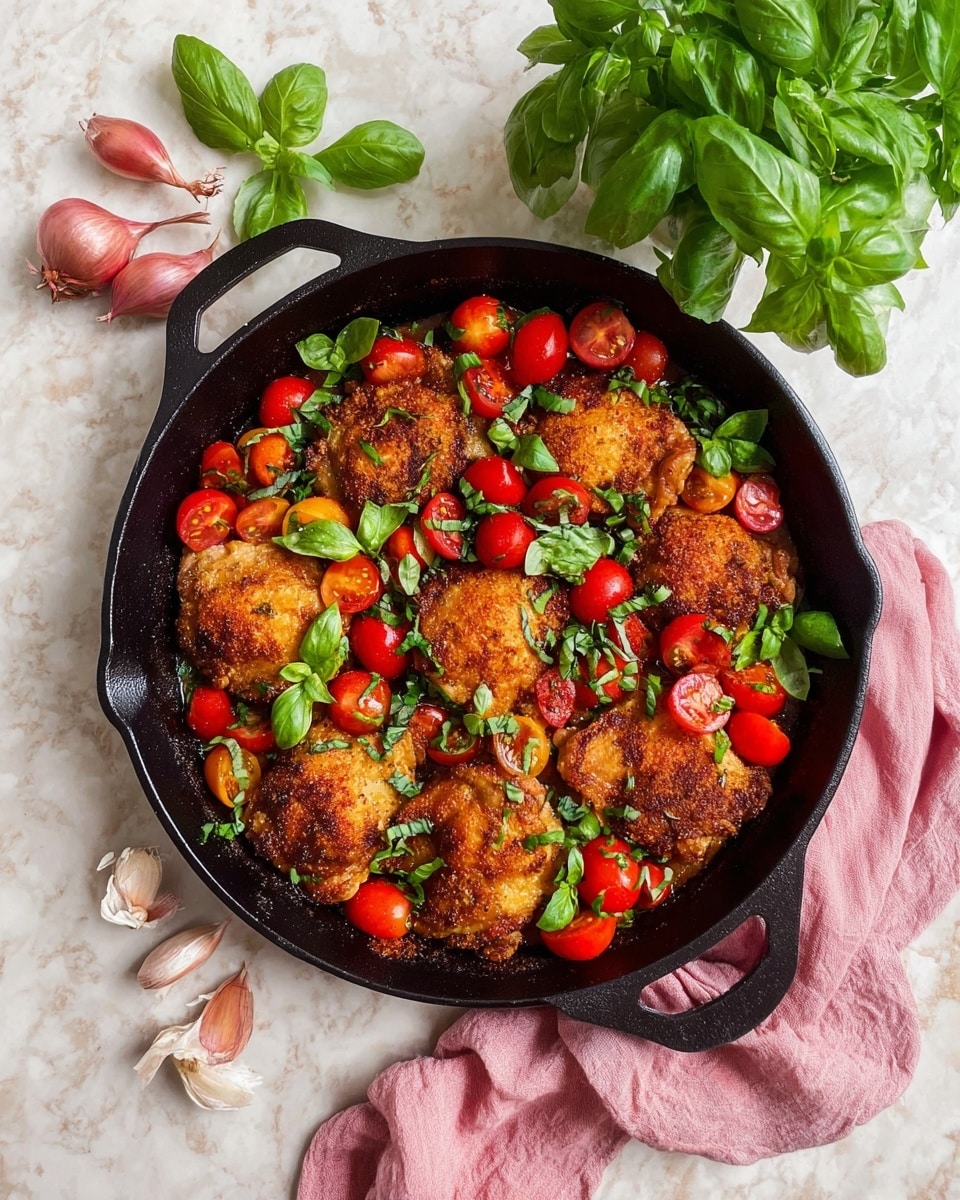 A black cast iron pan filled with about eight pieces of golden-brown, crispy chicken thighs as the bottom layer, each piece showing a textured crust. Scattered on top and around the chicken are bright red cherry tomatoes, some whole and some halved, adding a juicy texture and popping red color. Fresh green basil leaves are sprinkled generously all over the dish, contrasting with the warm tones of the chicken and tomatoes. The pan is placed on a white marbled surface with a bunch of fresh basil leaves on the top left corner, two shallots on the upper right side, and a pink cloth casually laid near the lower right edge of the pan. Photo taken with an iphone --ar 4:5 --v 7