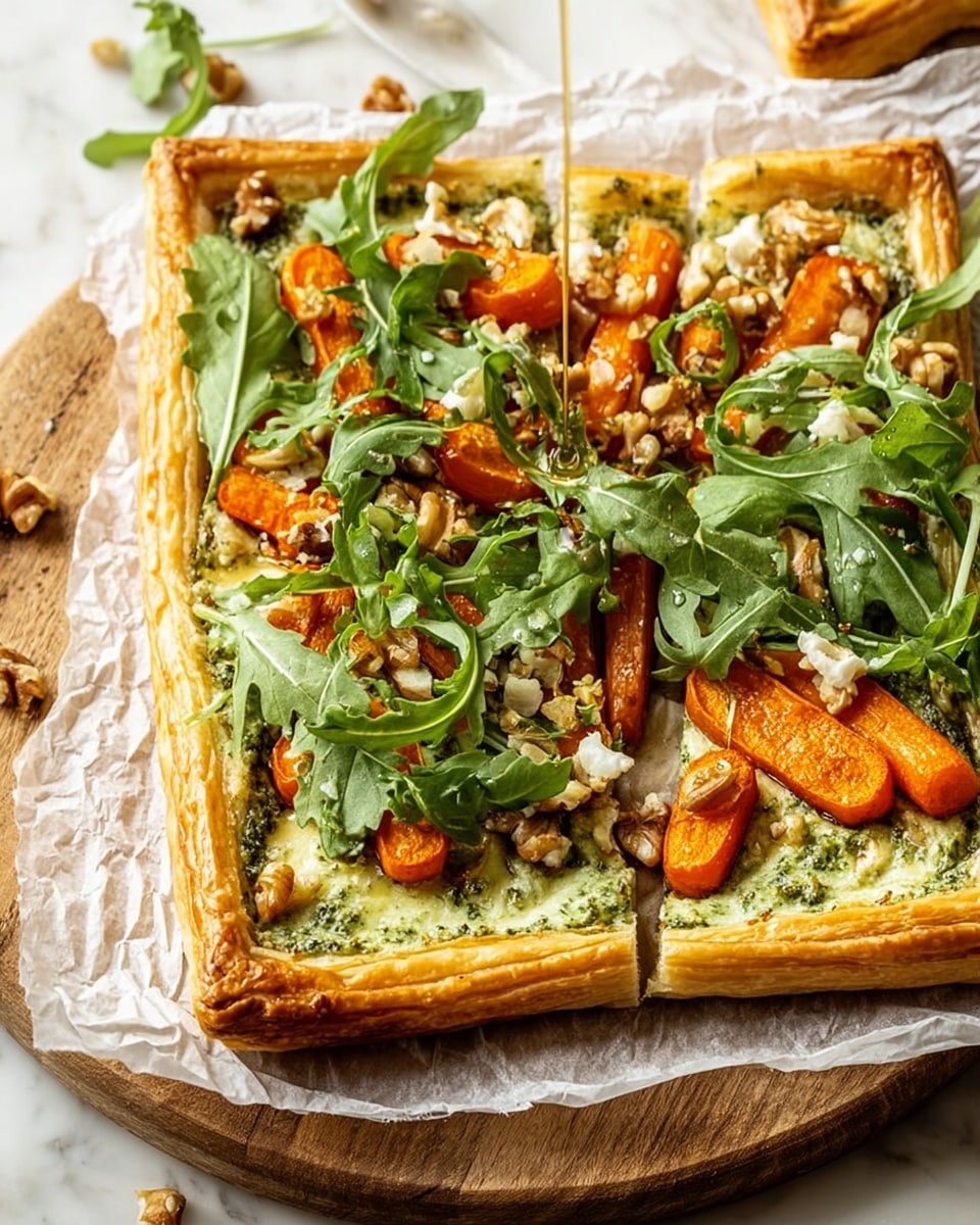 A square tart with a golden brown puff pastry crust forms the base layer, crisp and flaky around the edges. On top is a creamy, pale green pesto spread evenly, creating a smooth texture. Bright orange roasted carrot chunks are placed in a single layer over the pesto. Scattered pieces of light brown chopped walnuts add a slightly rough texture over the carrots. Fresh dark green arugula leaves are layered on top, giving a leafy and vibrant look. A thin stream of honey is being drizzled over the tart, adding a glossy shine to the ingredients. The tart sits on crumpled white parchment paper over a wooden board, all set on a white marbled surface. photo taken with an iphone --ar 4:5 --v 7