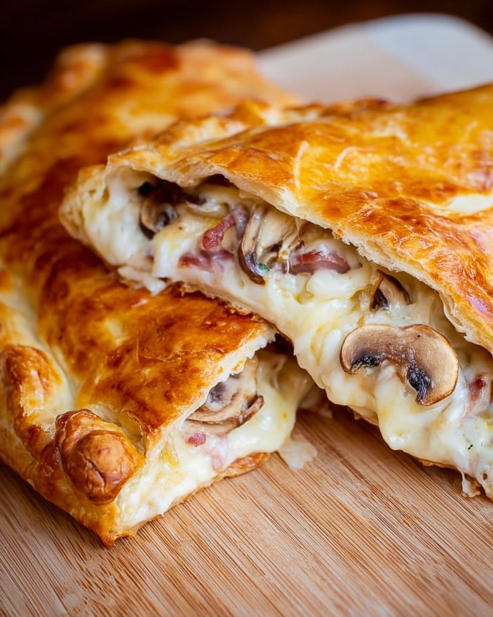 The image shows a close-up of a golden-brown calzone pastry cut in half on a wood surface, revealing the inside layers. The outer crust is thick and flaky with a shiny baked texture. Inside, there is a melted layer of creamy white cheese stretching between the halves. Beneath the cheese, slices of light golden cooked mushrooms are visible, mixed with pieces of what looks like ham or bacon, adding a pinkish color. The calzone halves are positioned next to each other showing the filling clearly. Photo taken with an iphone --ar 4:5 --v 7