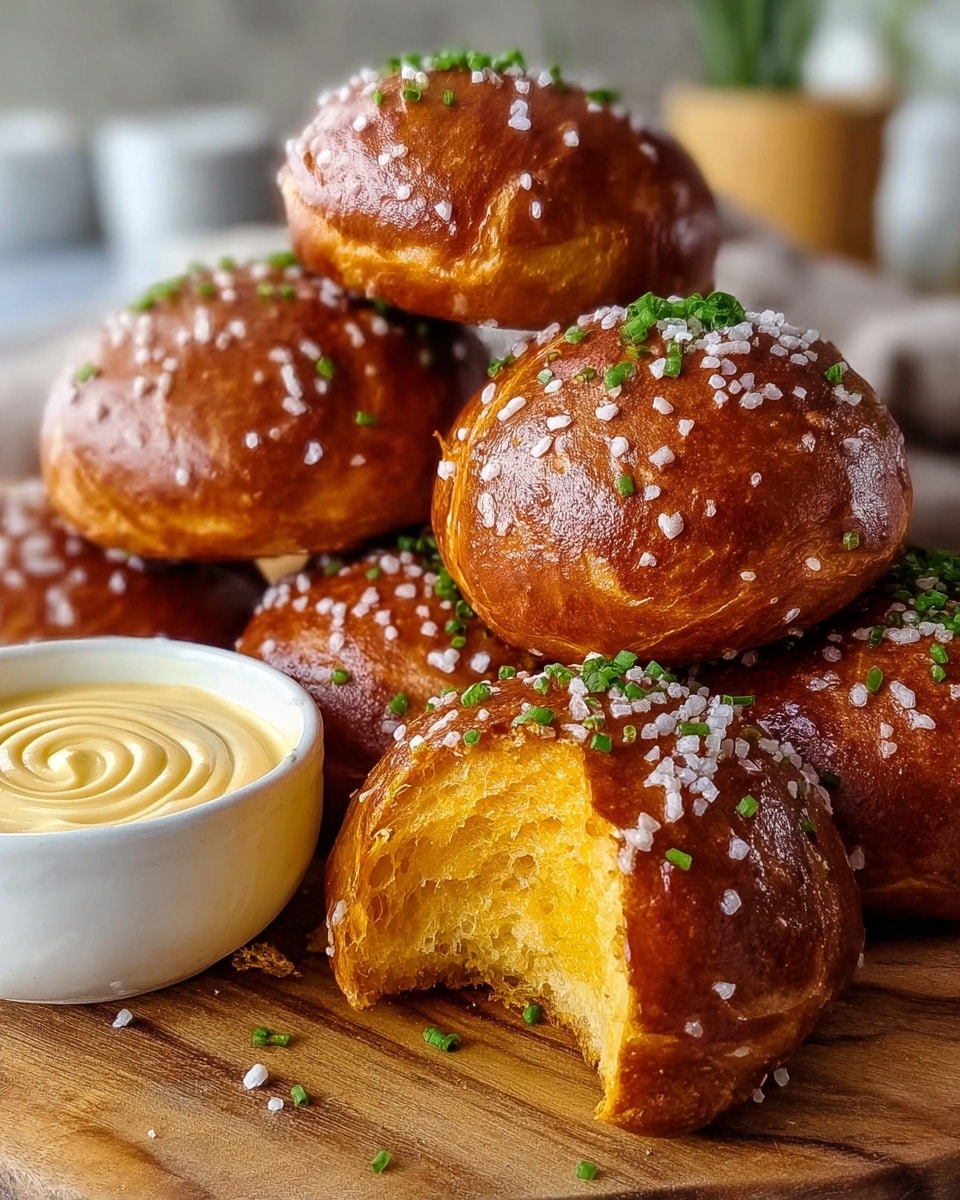 The image shows four golden brown pretzel buns with a shiny crust, each topped with coarse salt. One bun is broken open, revealing a soft, light yellow inside. The buns sit closely together on a wooden board, with a small white bowl of mustard nearby. Some chopped green herbs are scattered around the board. The background is a white marbled texture. Photo taken with an iphone --ar 4:5 --v 7