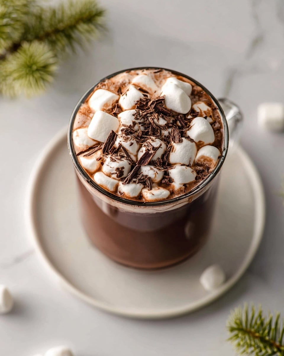 A clear glass mug filled with creamy brown hot chocolate, topped with a layer of white marshmallows that have light toasted brown spots and sprinkled with small dark chocolate shavings, sits on a round white marble surface. Several white marshmallows are scattered around the base of the mug, and blurred small green pine trees in the background add a cozy, winter feel. Photo taken with an iphone --ar 4:5 --v 7