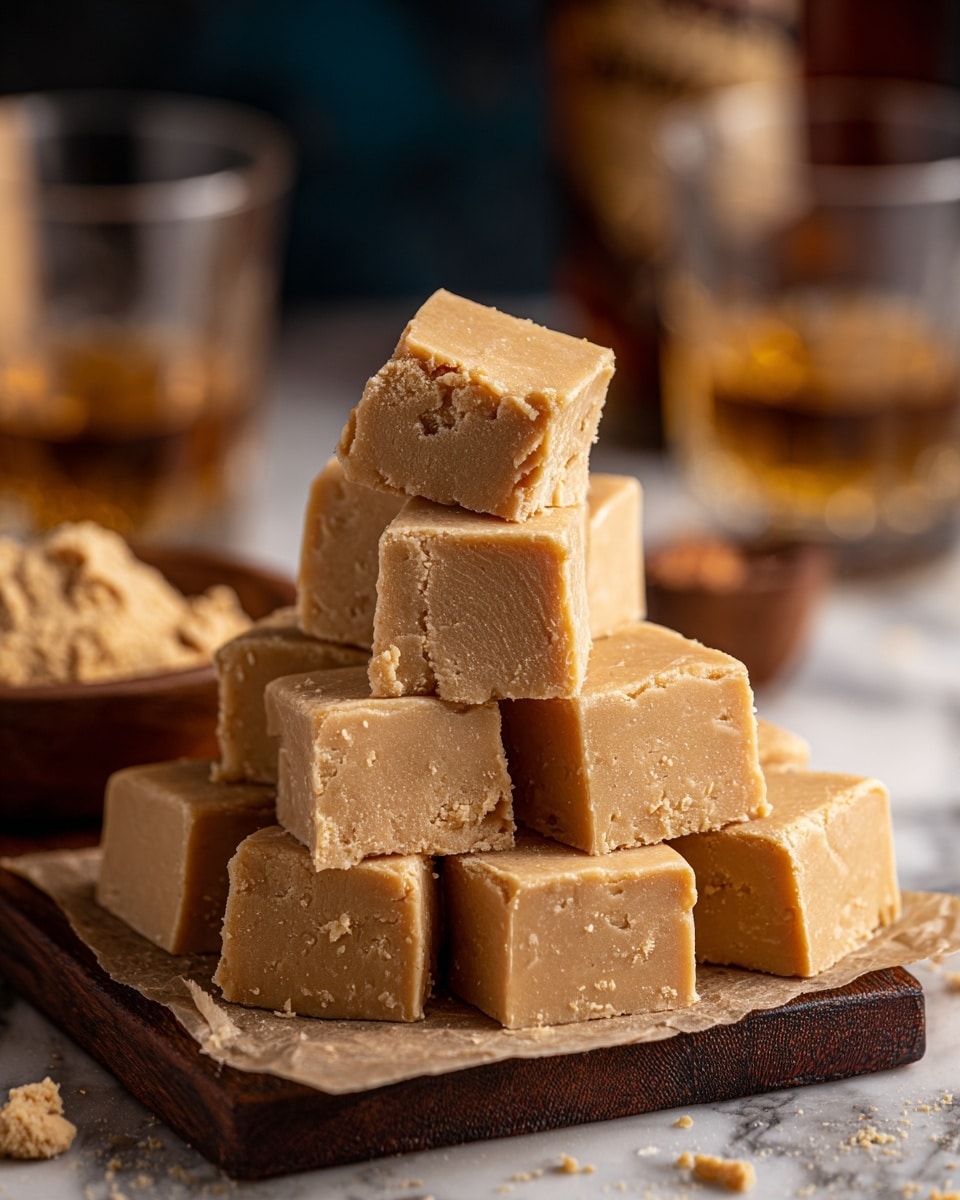A stack of light brown fudge cubes is placed on a piece of parchment paper, resting on a dark wooden board. Each cube has a smooth but slightly crumbly texture, with visible small air pockets and a few rough edges. The fudge is arranged in a pyramid shape with multiple layers, about three layers tall. In the blurred background, there are amber-colored glasses and a bottle, along with a small wooden bowl filled with what looks like more fudge or a similar crumbly ingredient. The whole scene is set on a white marbled surface. photo taken with an iphone --ar 4:5 --v 7