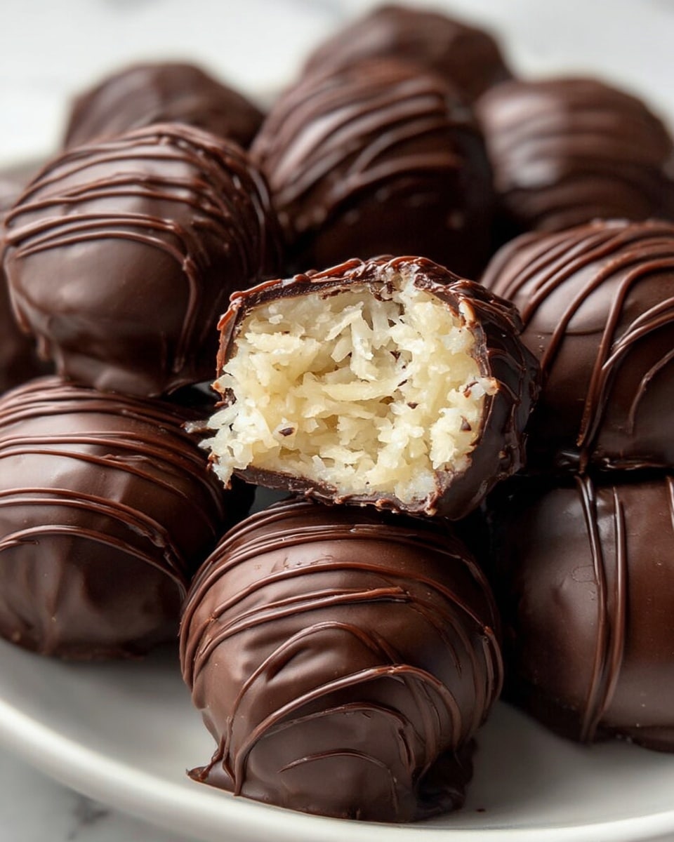 A close-up image of several round chocolate truffles arranged closely together on a white plate, each covered in smooth dark brown chocolate with thin chocolate drizzle lines layered on top. One truffle is cut in half in the center, revealing its creamy, shredded white coconut filling inside with small chocolate bits mixed in. The truffles have a shiny, slightly glossy texture, and the plate sits on a white marbled surface. photo taken with an iphone --ar 4:5 --v 7