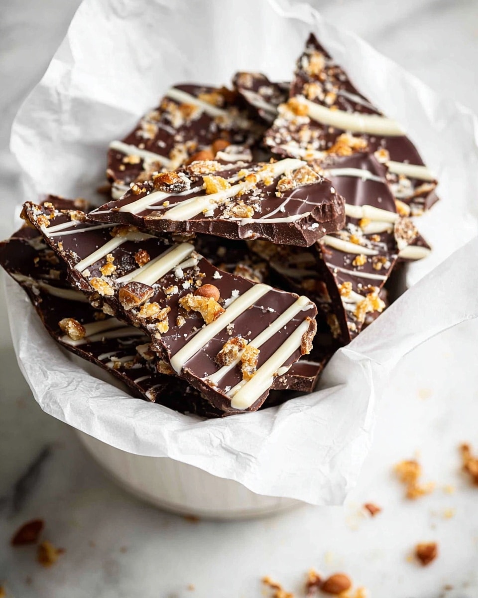 A close-up of a white bowl lined with white parchment paper filled with irregular broken pieces of chocolate bark. Each piece has a smooth dark chocolate base, scattered small crunchy golden brown bits on top, and is drizzled with white chocolate in thin lines across the surface. The bowl sits on a white marbled texture surface with a few crumbs scattered around. Photo taken with an iphone --ar 4:5 --v 7