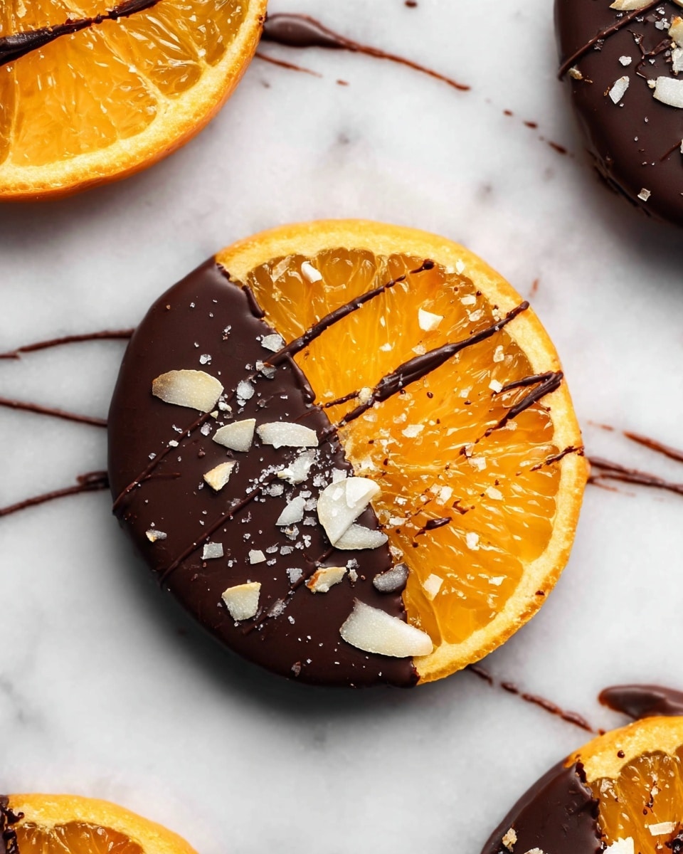 The image shows a close-up of a dessert with two layers: the bottom layer is a dark brown, smooth chocolate cookie base, topped with a bright orange slice that covers half of the cookie. The orange slice is partially dipped in dark chocolate, with white almond flakes scattered on top of the chocolate-coated part. The dessert is placed on a white marbled surface with some thin, dark chocolate drizzles nearby. Photo taken with an iphone --ar 4:5 --v 7
