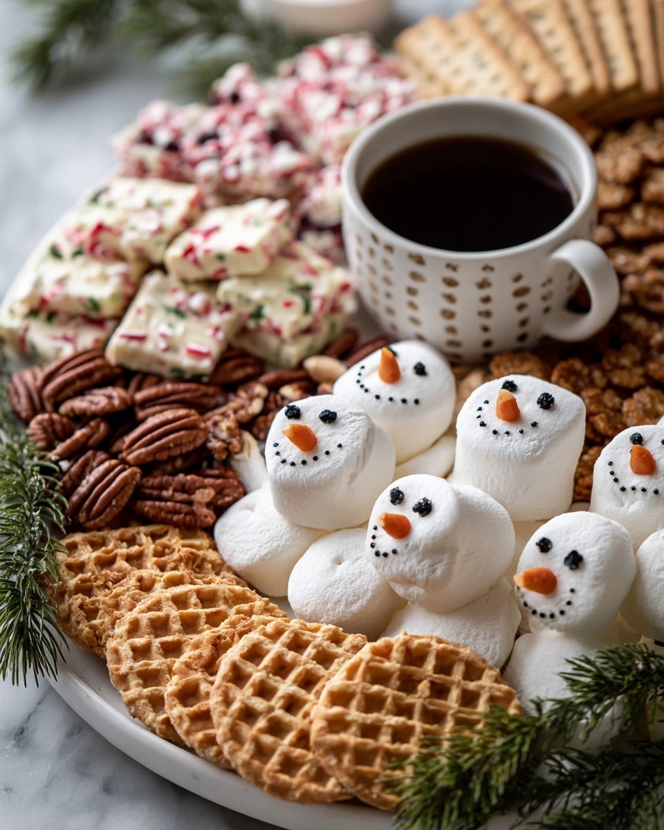 The image shows a wooden board filled with many sweet treats and three white cups of hot chocolate topped with frothy snowman faces made of white foam, with black eyes and mouths and an orange nose. On the board, there are rolled wafer sticks striped with chocolate, small white and red peppermints, round cookies with jam centers in light yellow and brown, chocolate-covered cookies with white sprinkles, white peppermint-covered pretzels with red bits, patterns of gingerbread cookies shaped like little men, and round golden waffle cookies. Pecans are scattered around, and green pine sprigs add a festive touch, all placed on a white marbled textured surface. photo taken with an iphone --ar 4:5 --v 7