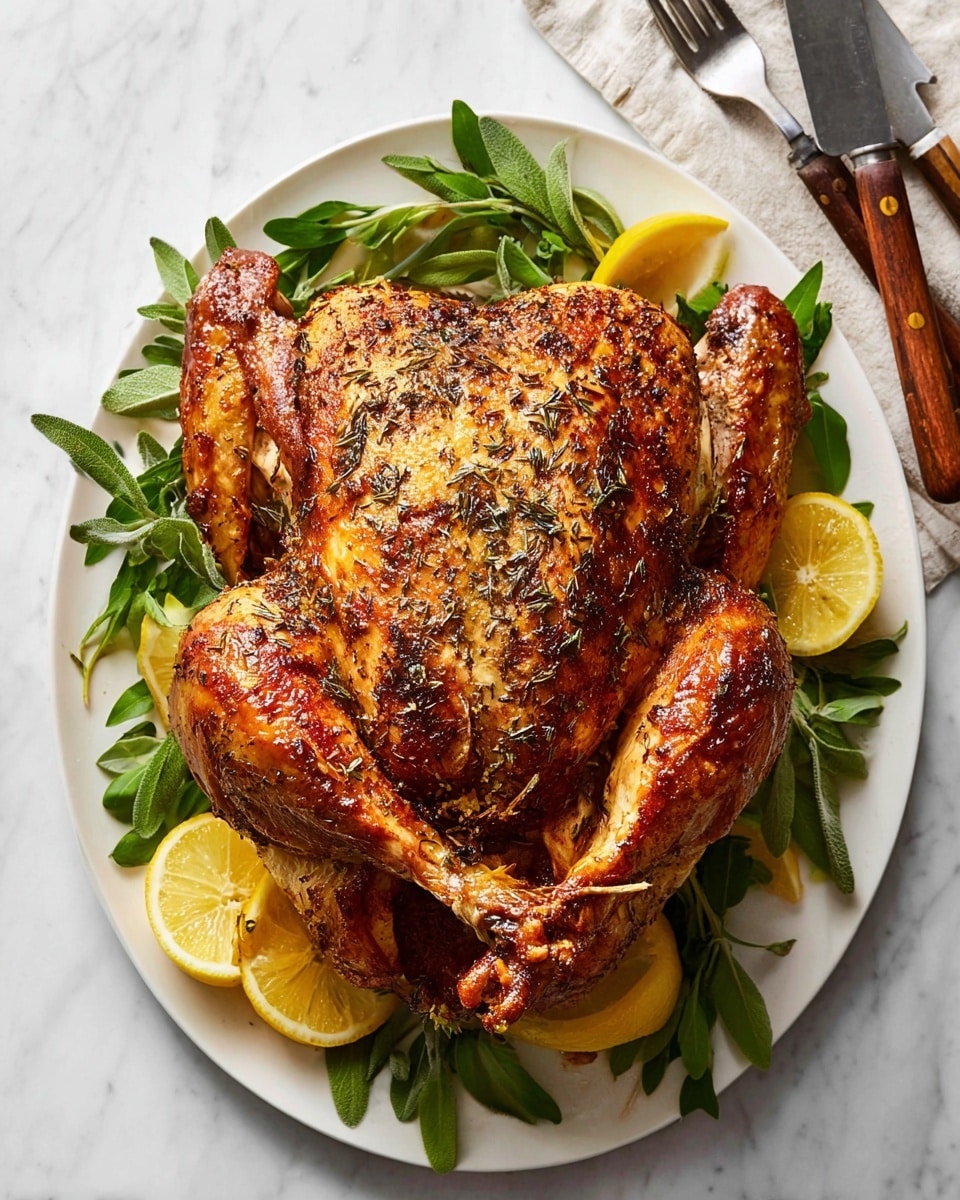 A whole roasted chicken with golden brown, crispy skin sits centered on a white plate, covered with a mix of dark green fresh herbs including sage and thyme around its base. Bright yellow lemon slices are arranged under the chicken, adding a pop of color. The chicken’s skin looks textured with herbs and spices baked into it. The plate rests on a white marbled surface with a soft white cloth nearby and stacked white plates in the background. Photo taken with an iphone --ar 4:5 --v 7